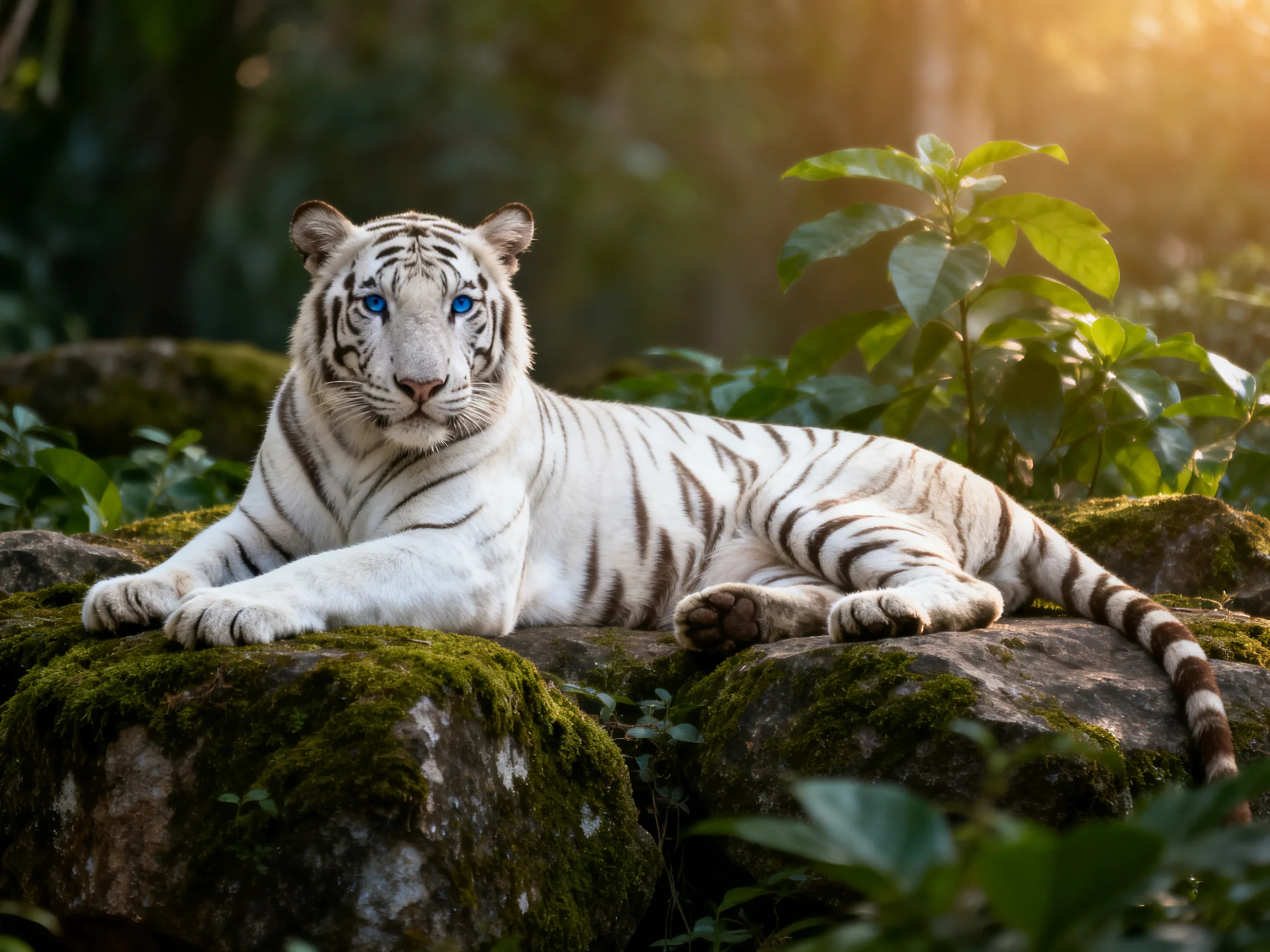 A white tiger lies on mossy rocks surrounded by dense foliage.