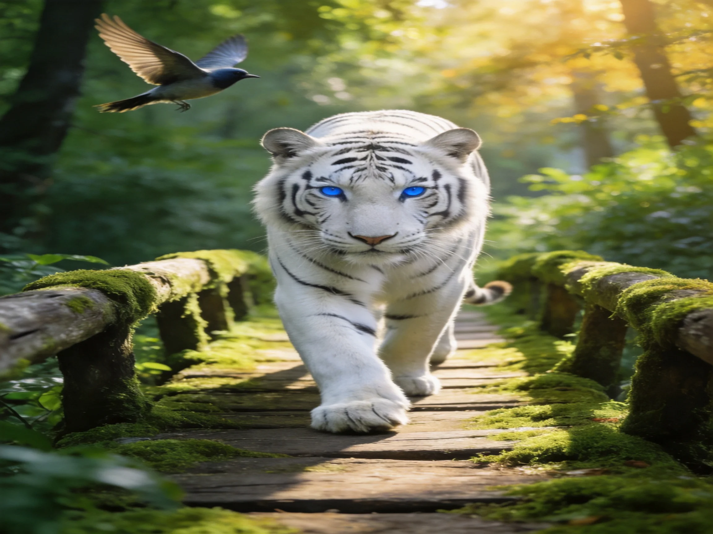 A white tiger crosses a mossy wooden bridge in a sunlit forest setting.
