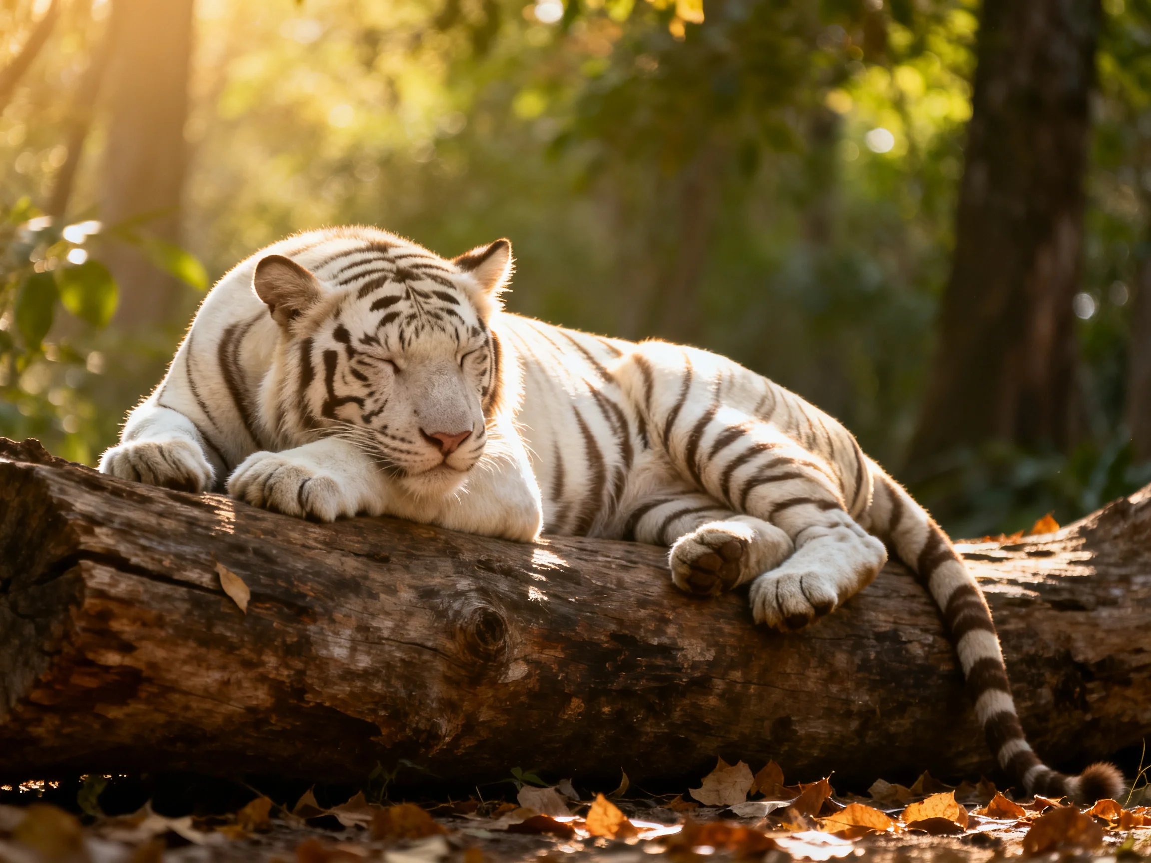 A white tiger with black stripes rests on a large brown log in sunlight