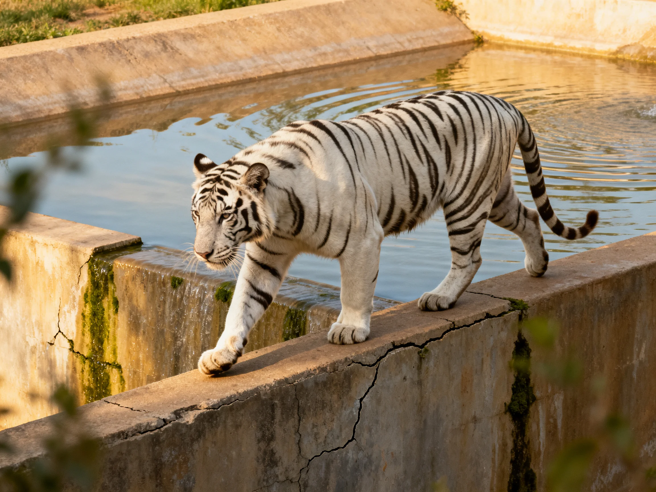 A white tiger with black stripes walks along a concrete ledge beside calm water.