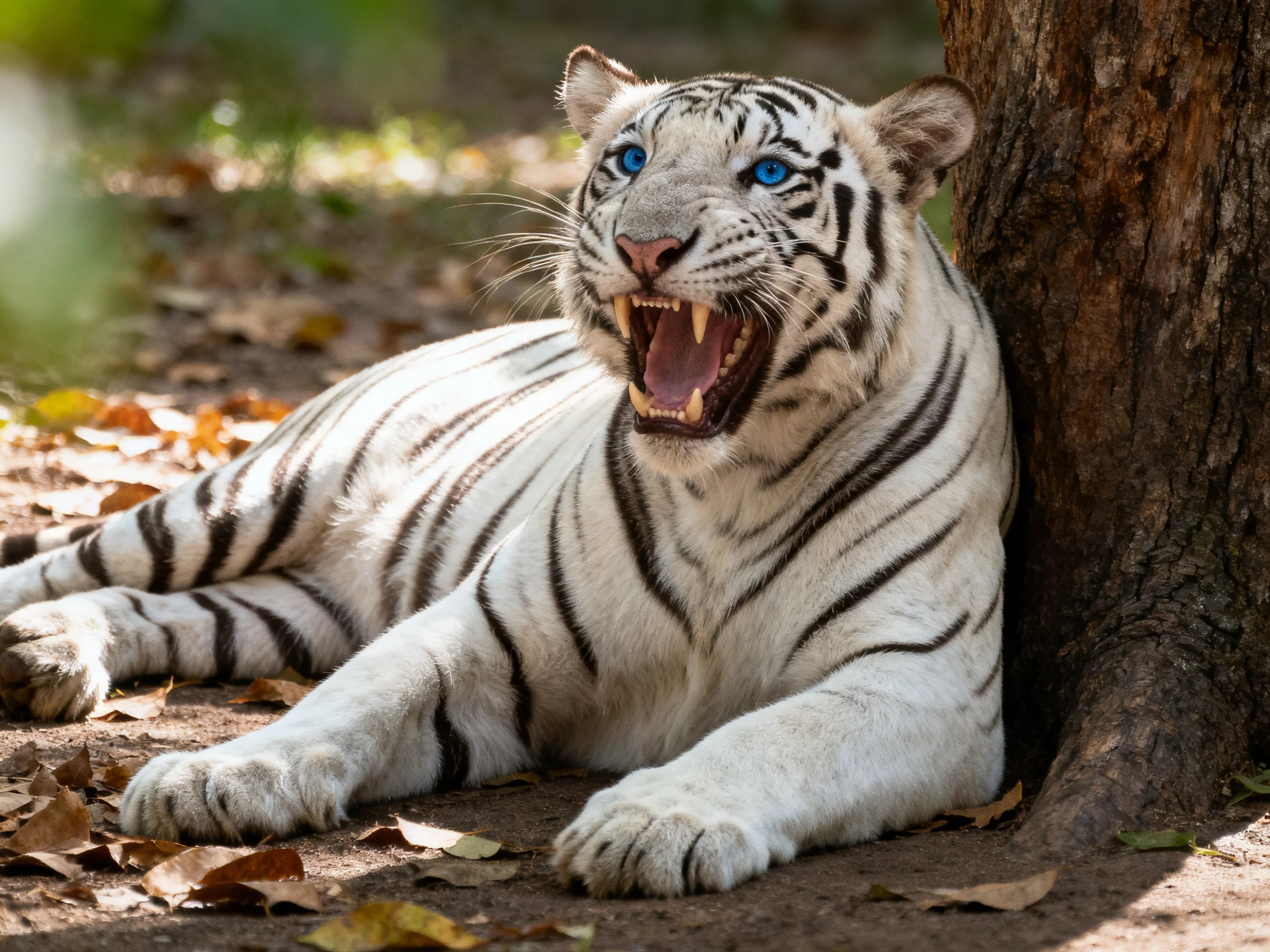 A white tiger with blue eyes relaxes near a tree trunk among fallen leaves