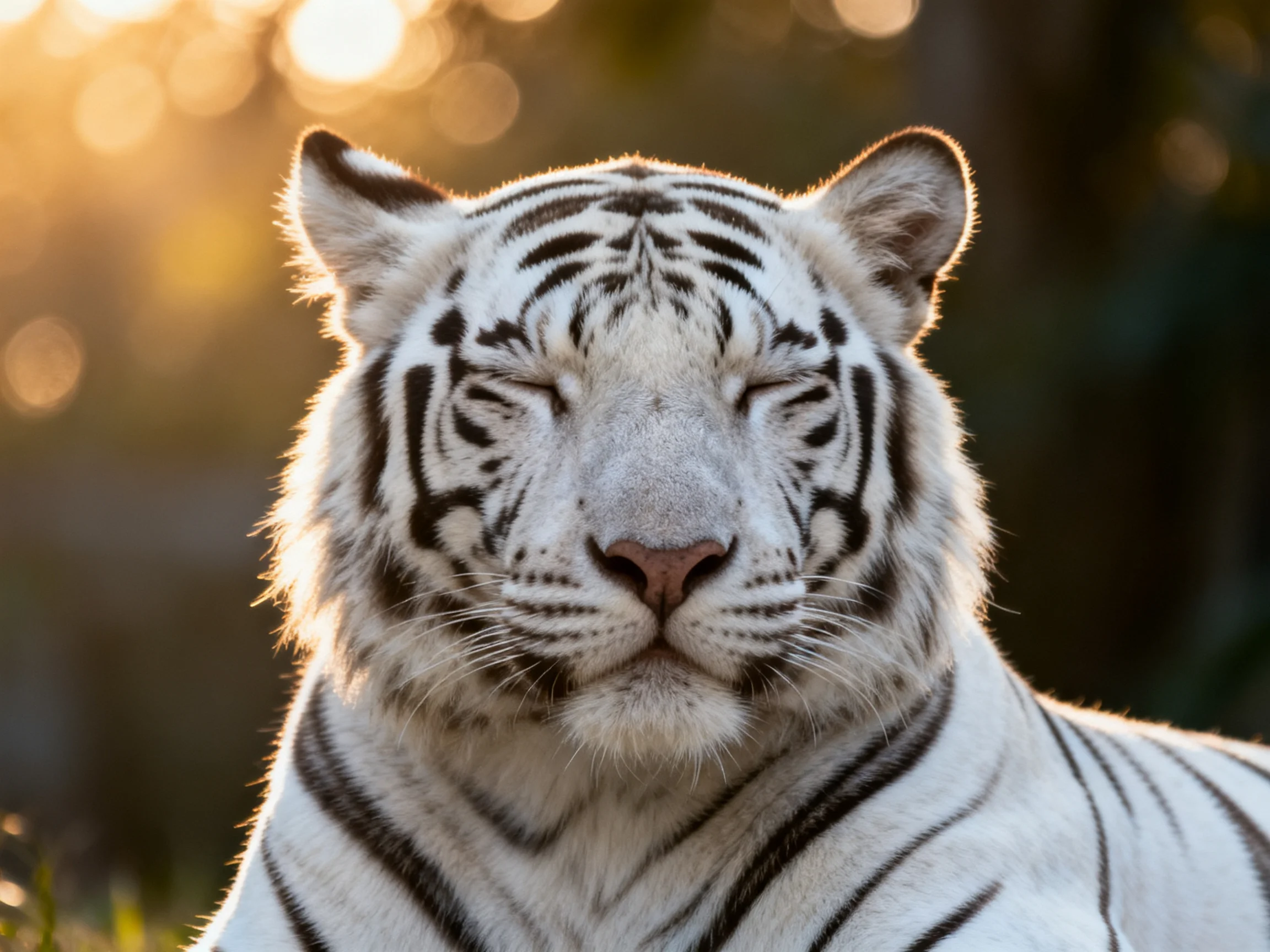 A white tiger with closed eyes rests peacefully amid soft, golden light.