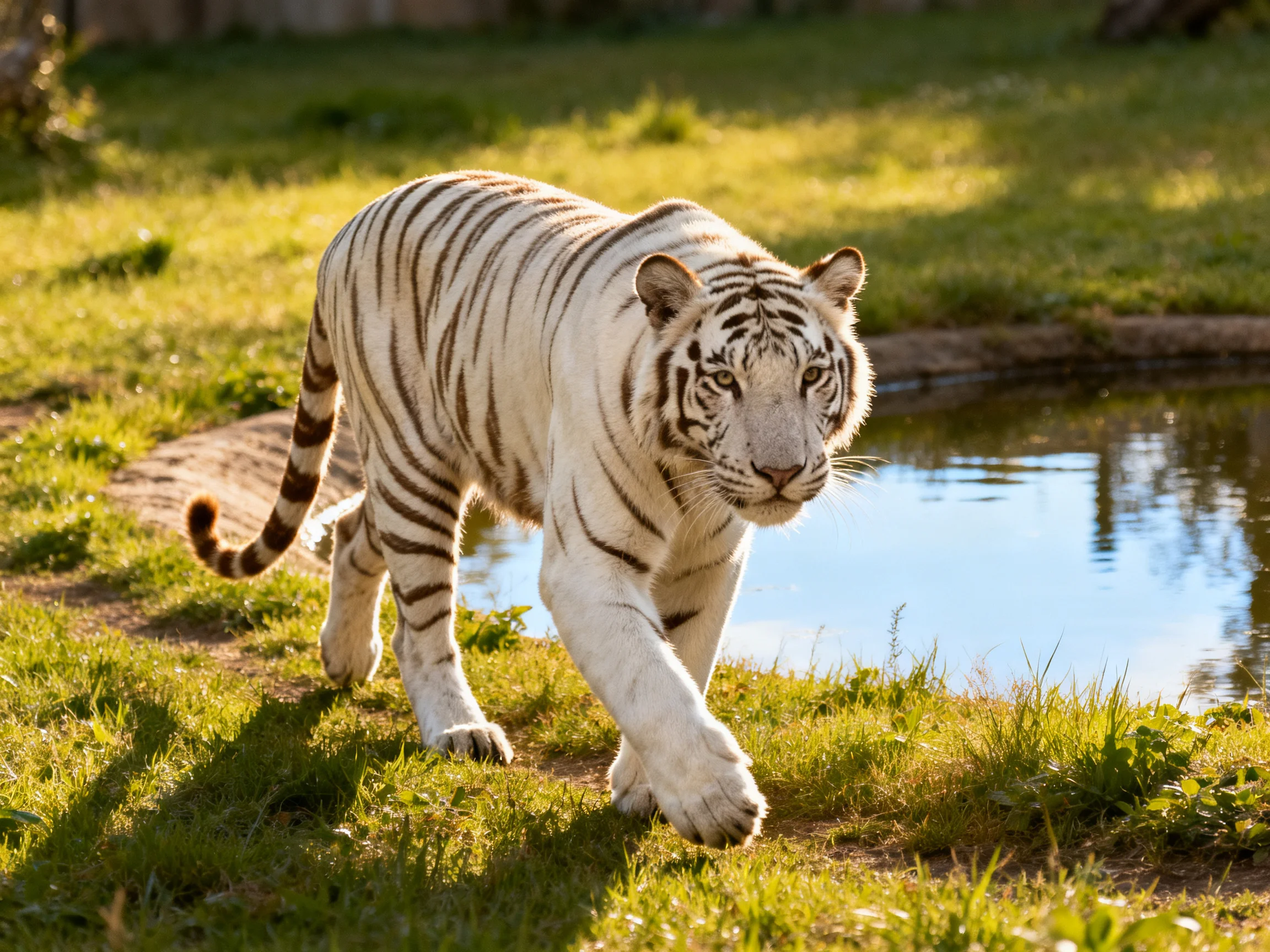 A white tiger walks toward a small pond in a sunlit grassy area.