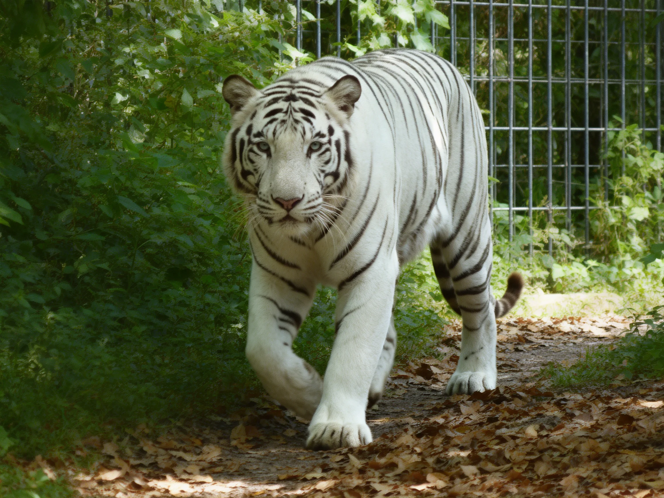 A white tiger with black stripes walks along a leaf-covered path near plants.
