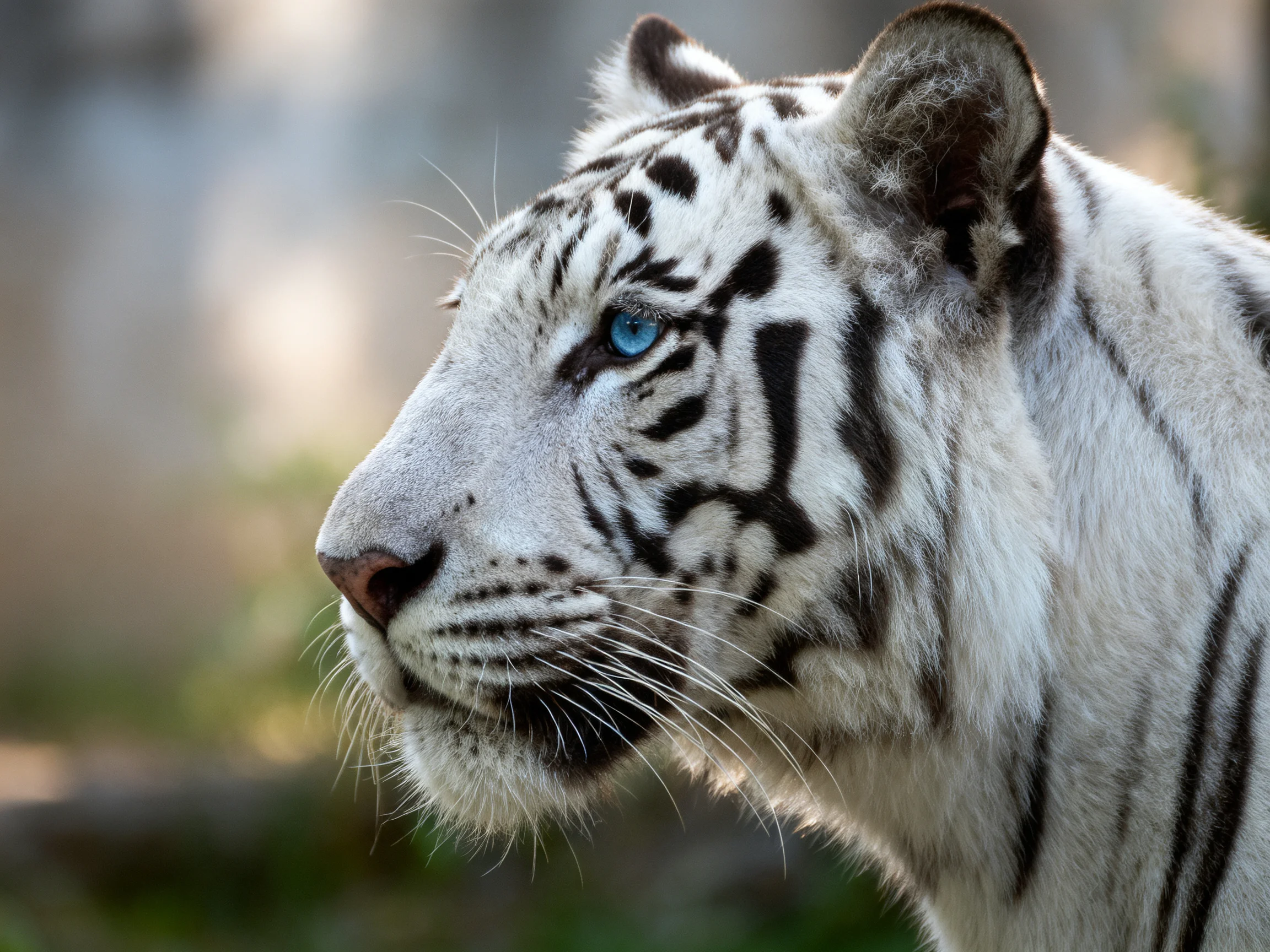 A white tiger with blue eyes is featured in a close-up profile photograph.