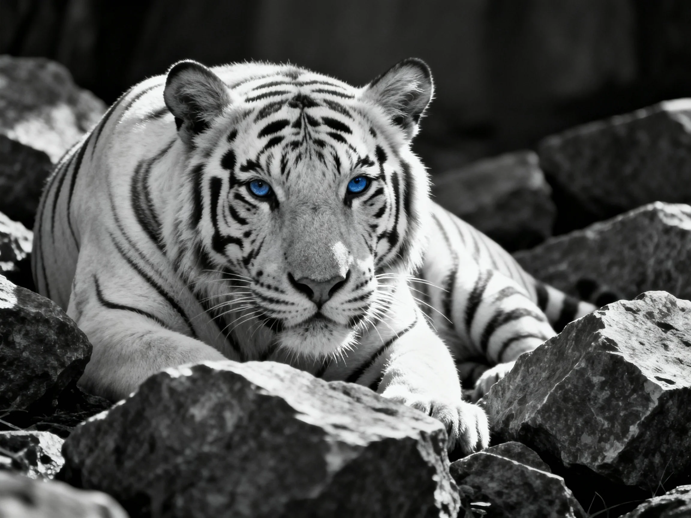A white tiger with blue eyes rests among rocks.
