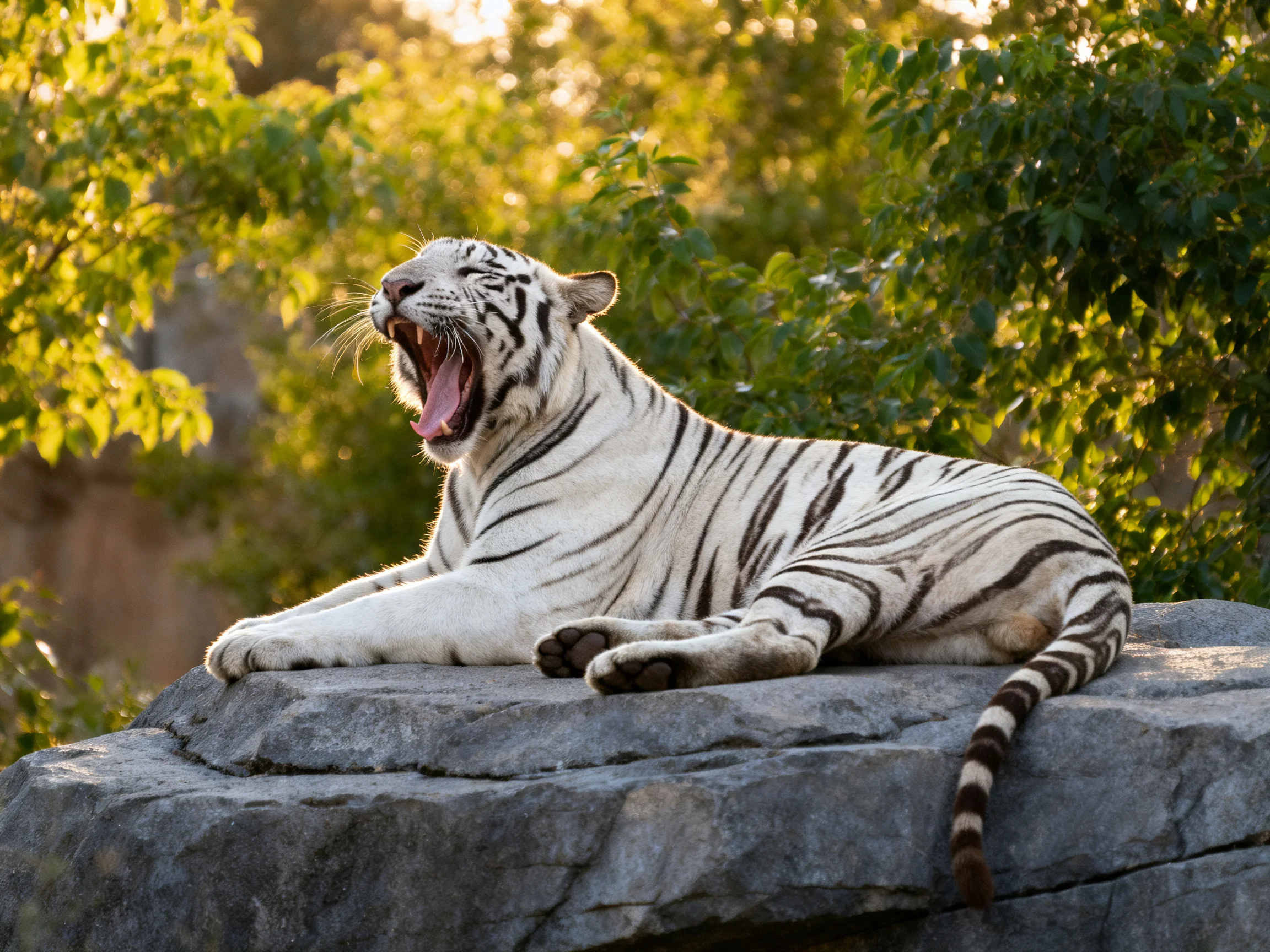 A white tiger yawns on a large gray rock amid green foliage