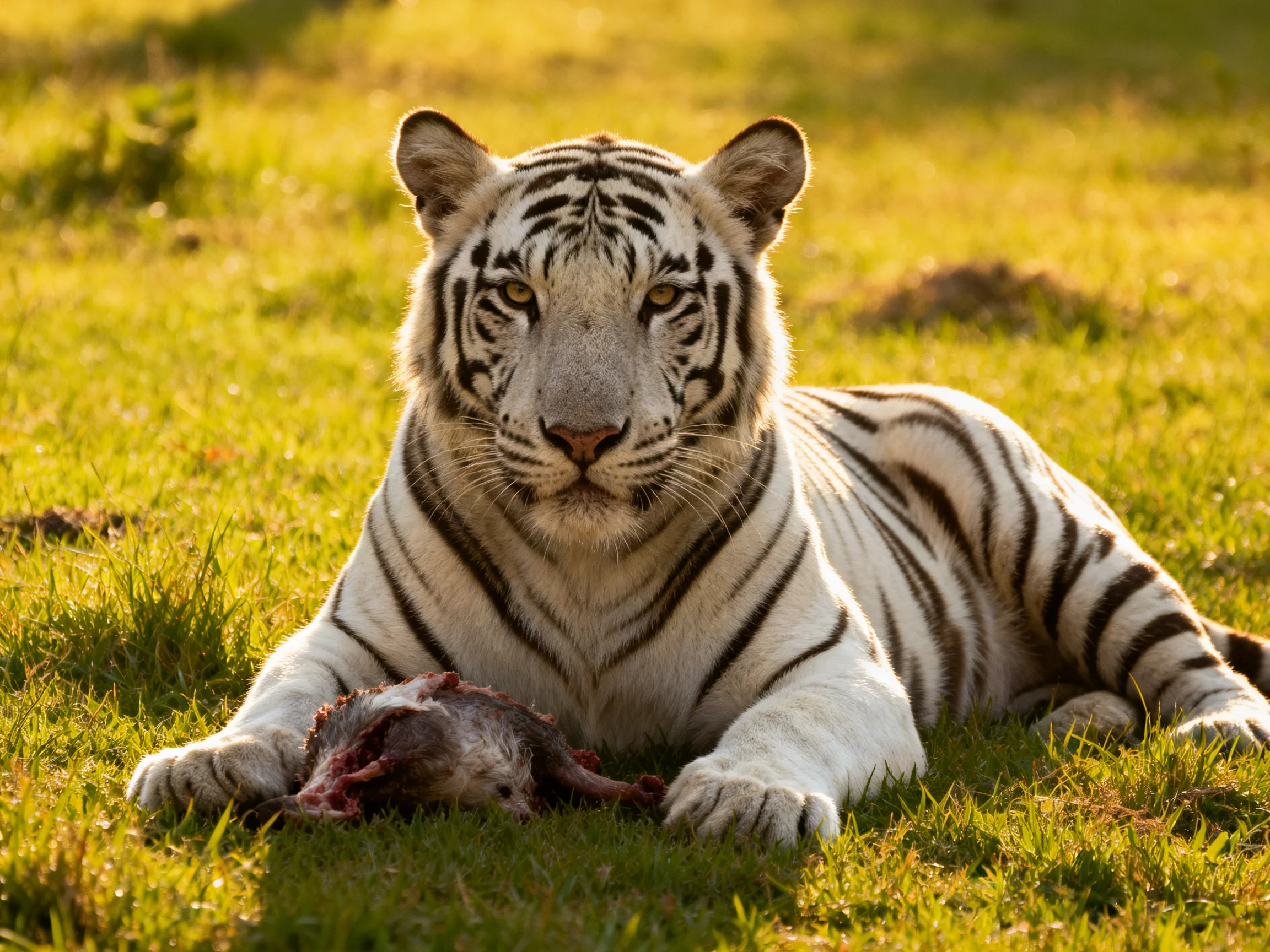 A white tiger lies on grass with its prey nearby under bright sunlight.