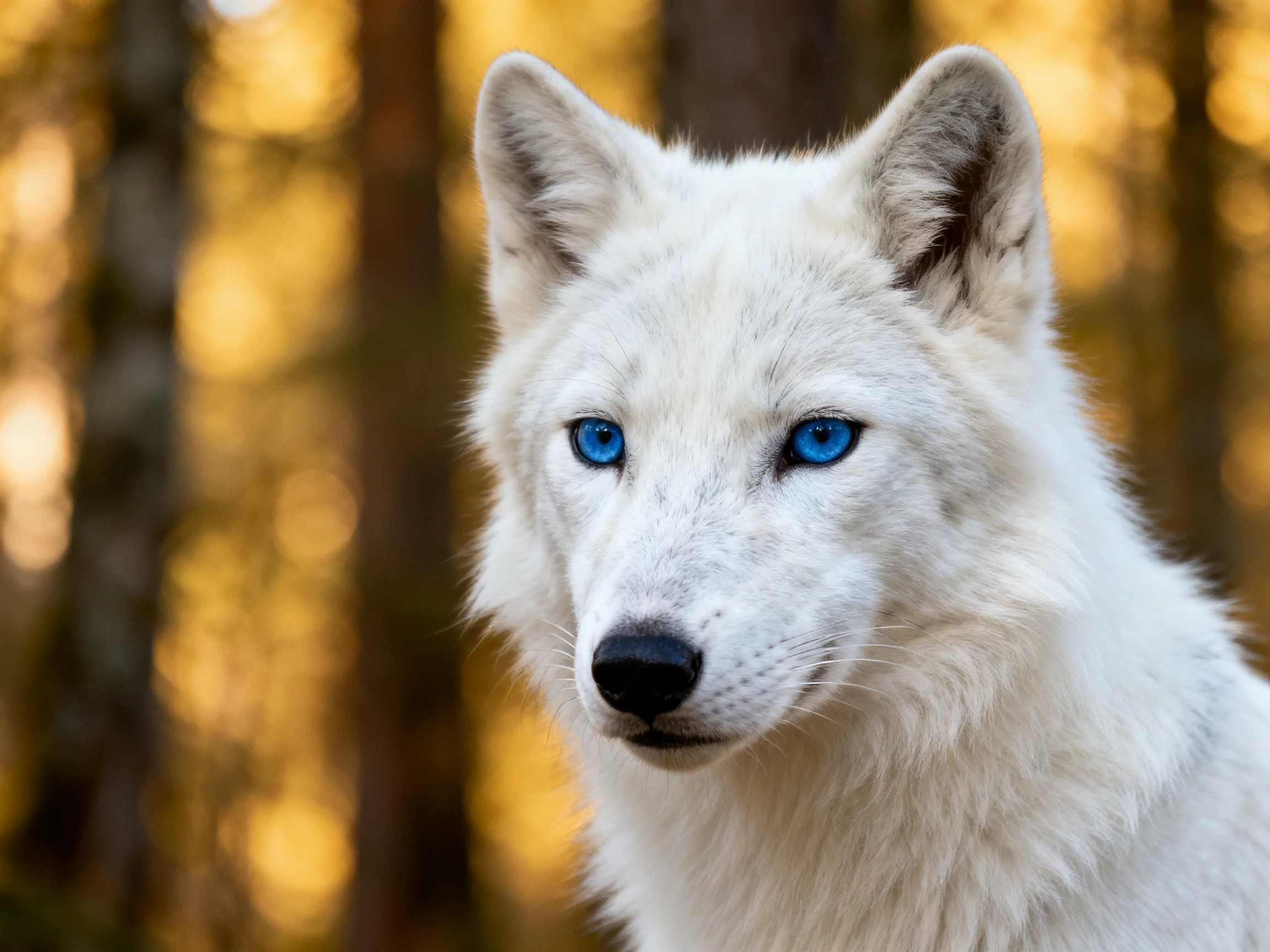 A close - up of a white wolf with blue eyes in a forest setting.