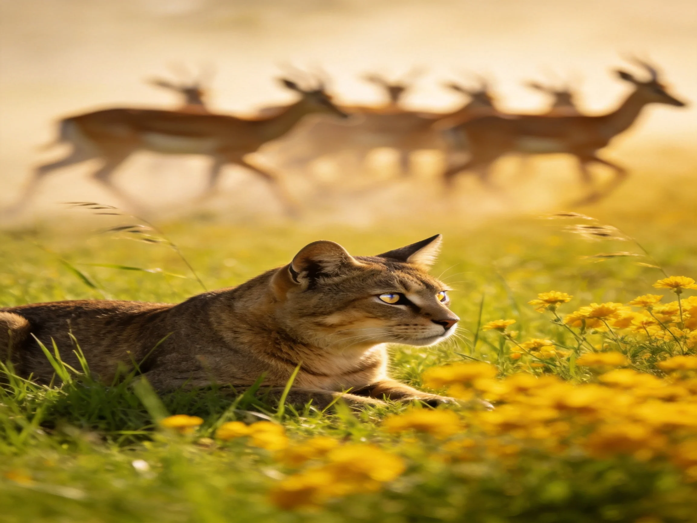 A wild cat lies in a flowered meadow while antelopes run behind it.