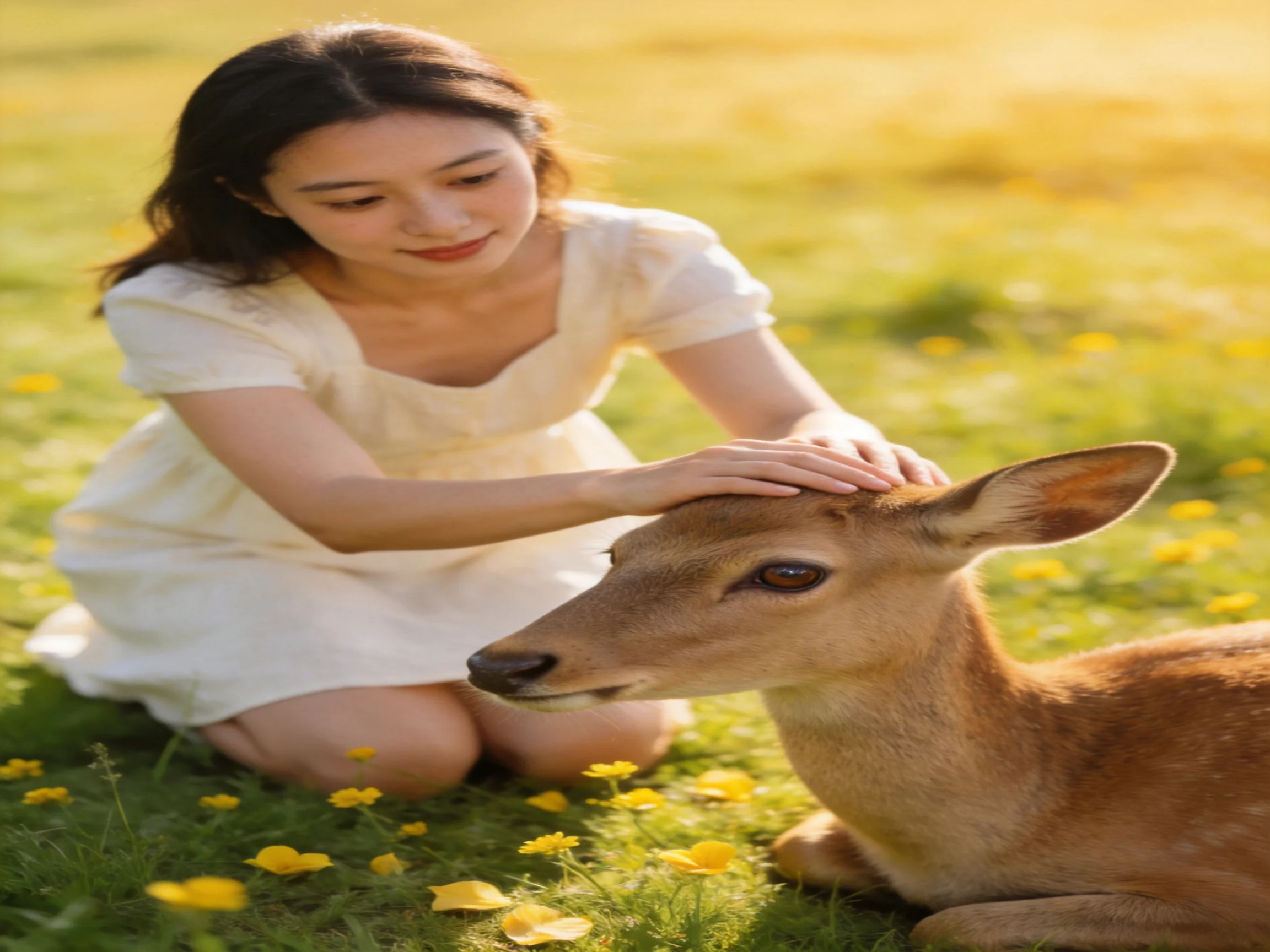 A woman in a white dress pets a deer amid yellow wildflowers in a sunlit meadow
