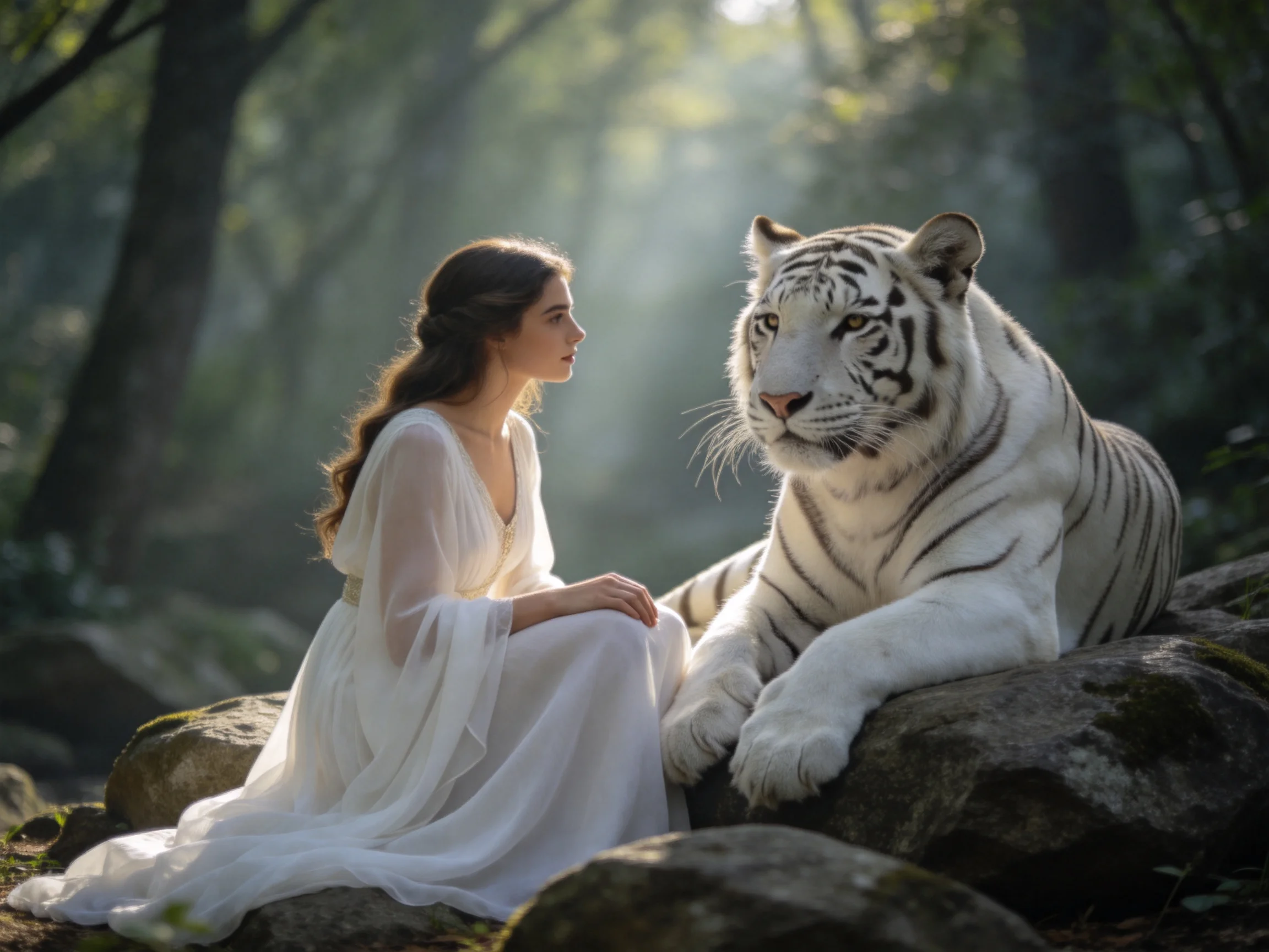 A woman in a white gown shares a calm moment with a white tiger in a sunlit forest.