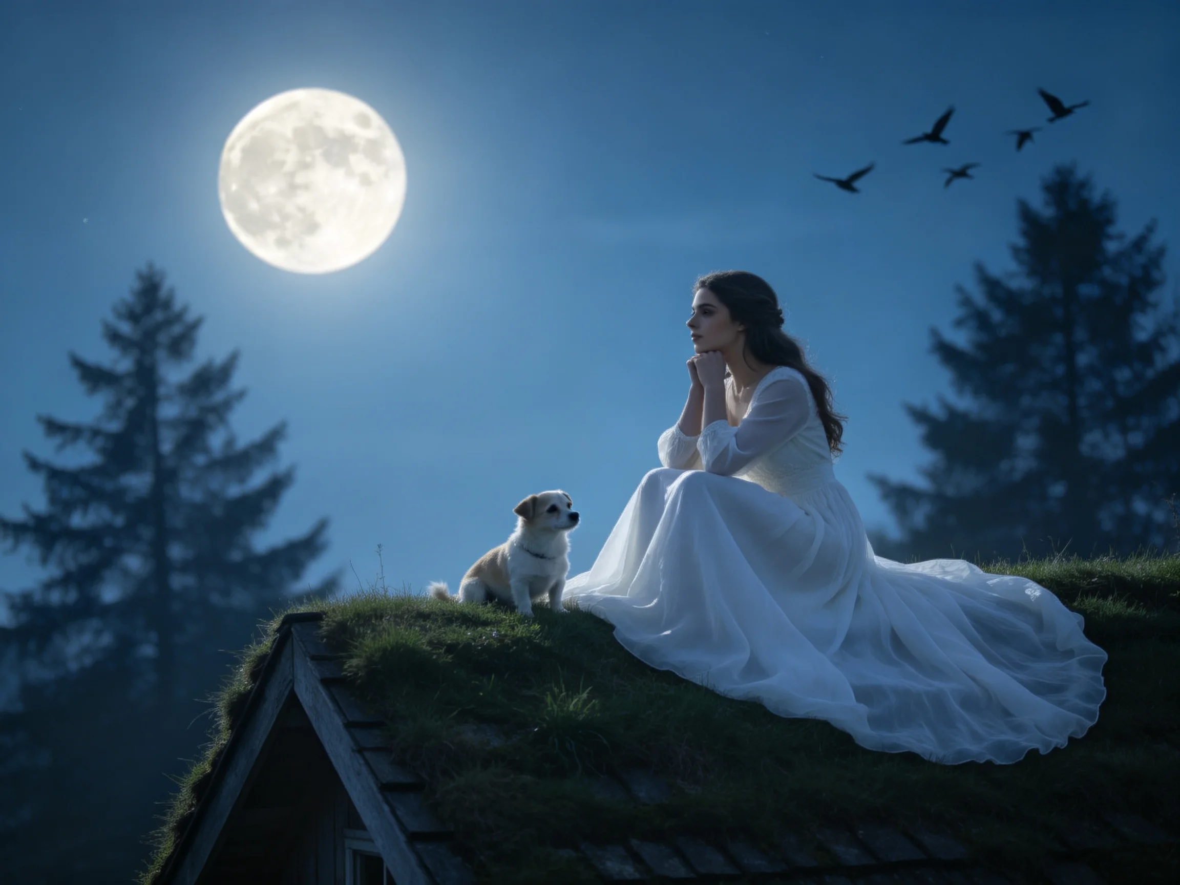 A woman in a white gown sits on a rooftop with her dog beneath a large full moon.