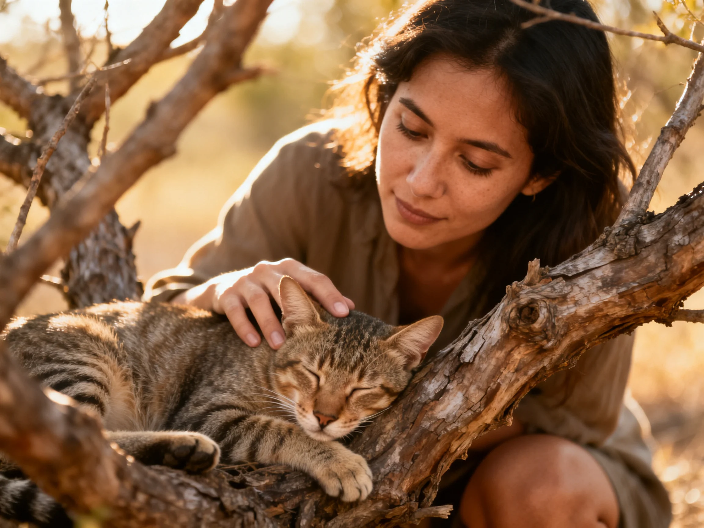 A woman pets a tabby cat resting on a gnarled tree branch outdoors