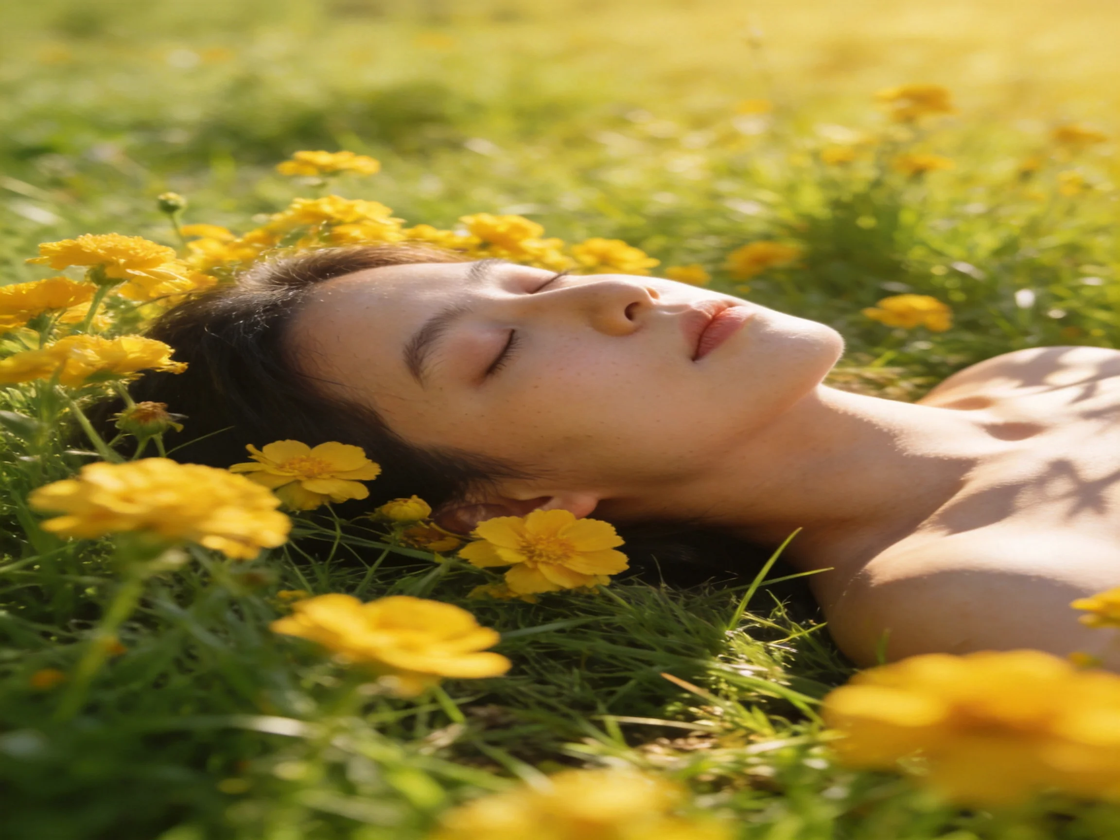 A woman rests peacefully among yellow flowers in a sunlit meadow.
