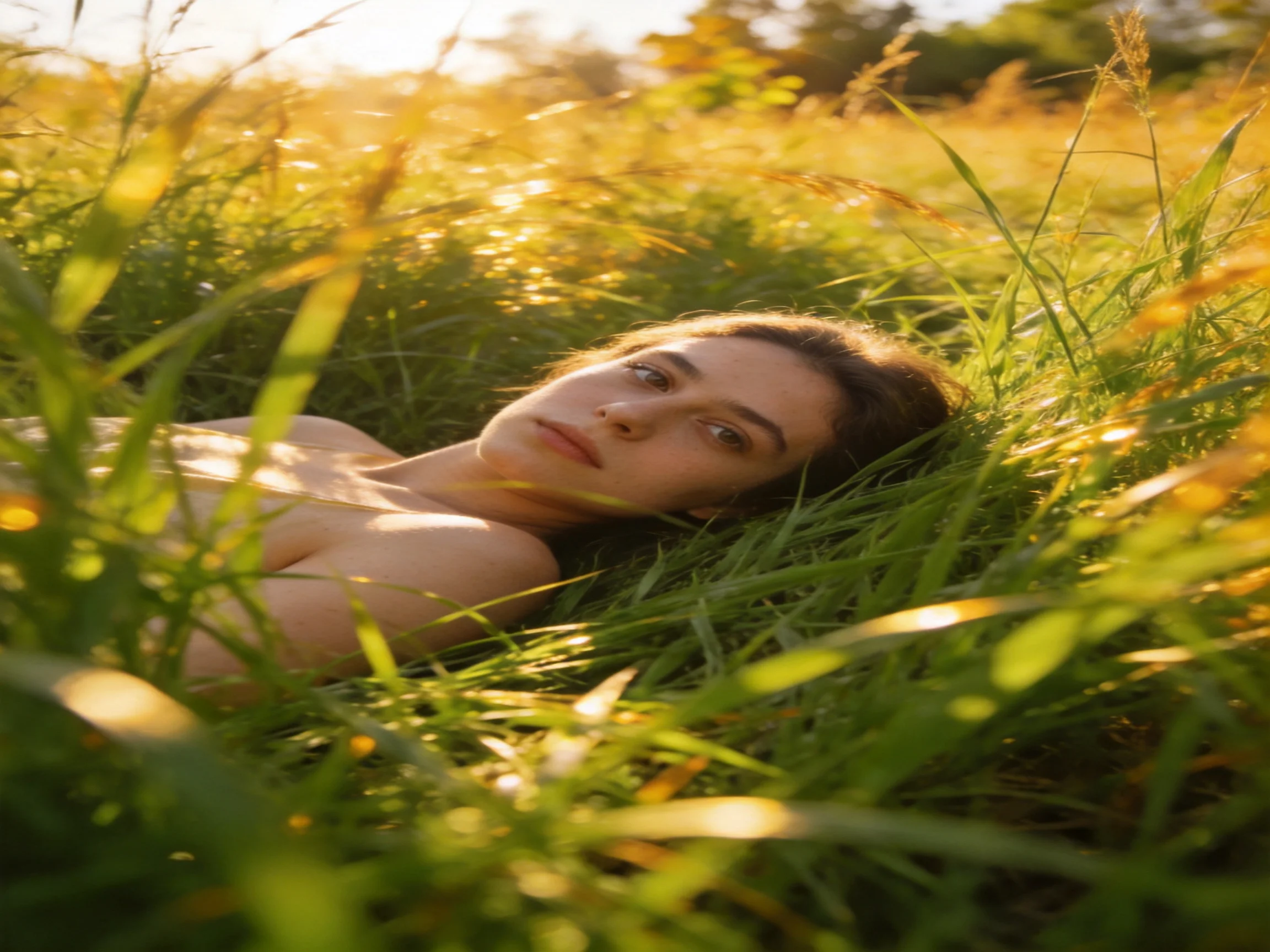 A woman reclines in tall grass within a sunlit meadow.