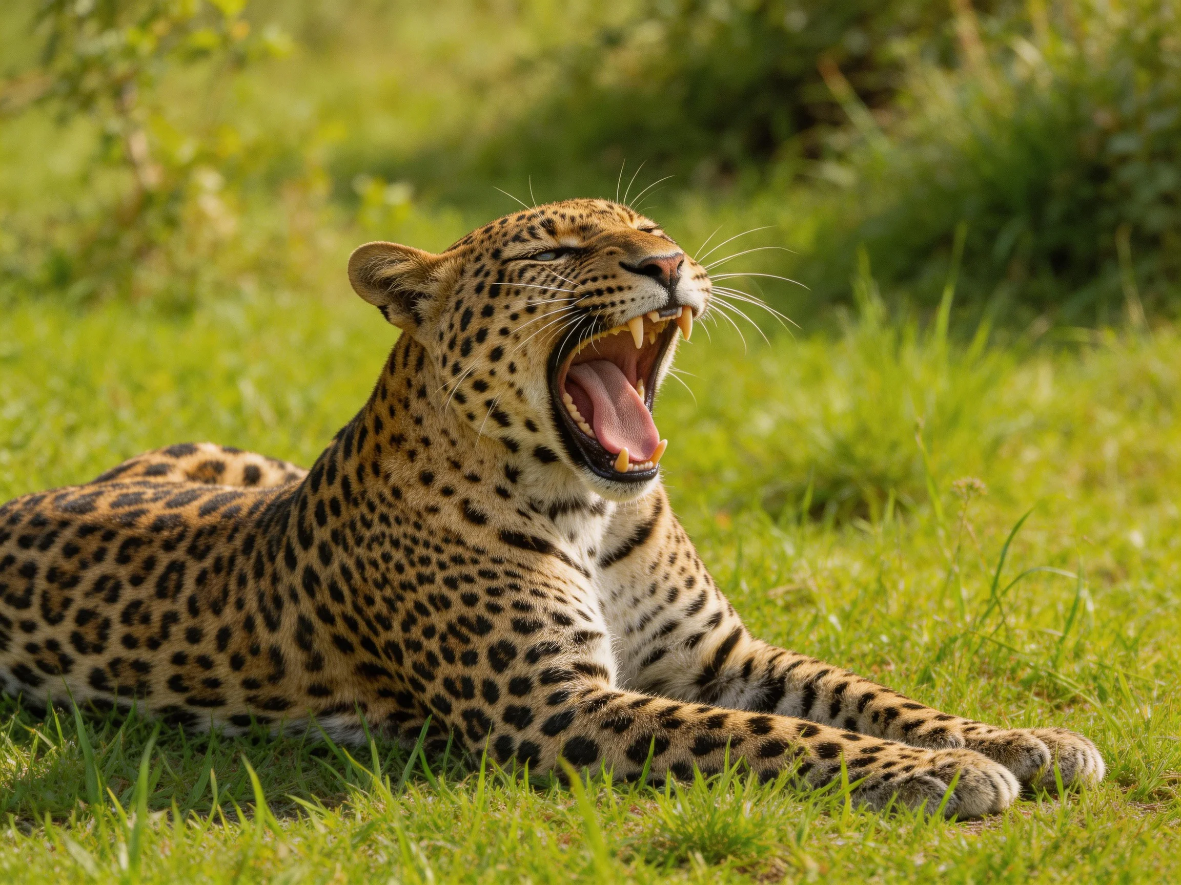 A yaw yawns widely on lush green grass with spotted fur