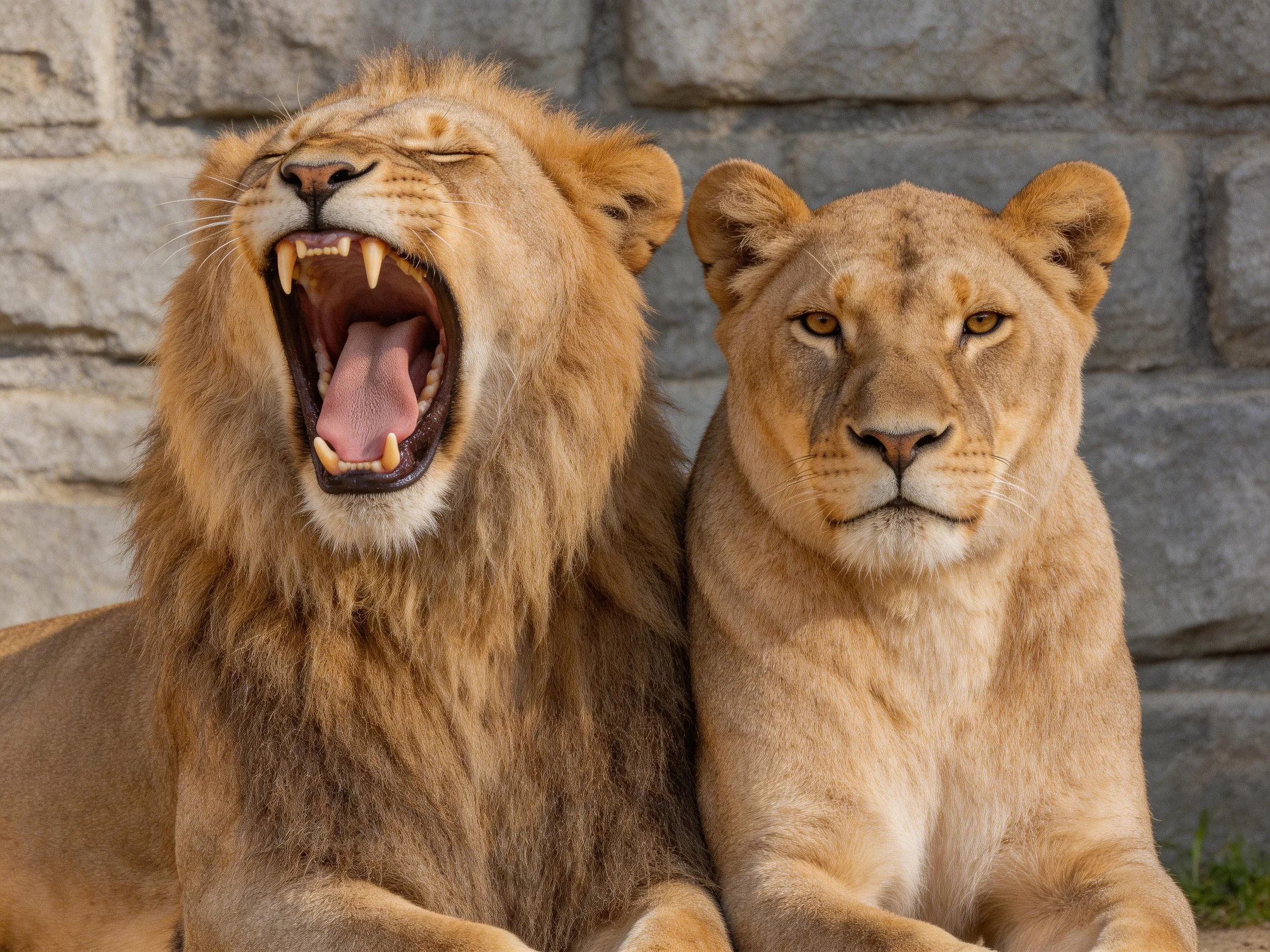A yawning male lion rests beside a calm lioness against a stone wall.
