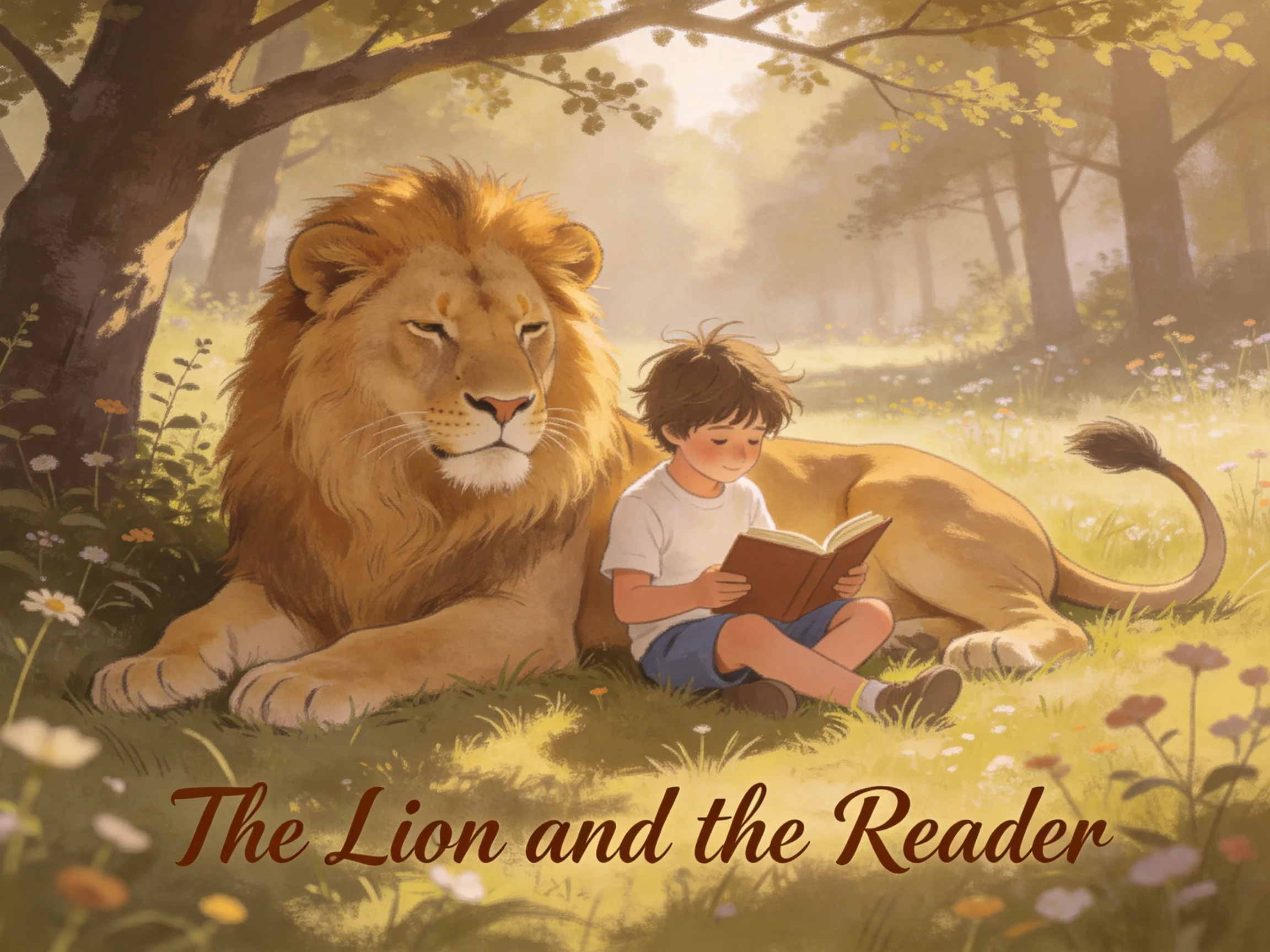 A young boy reads near a majestic golden lion in a sunlit forest glade