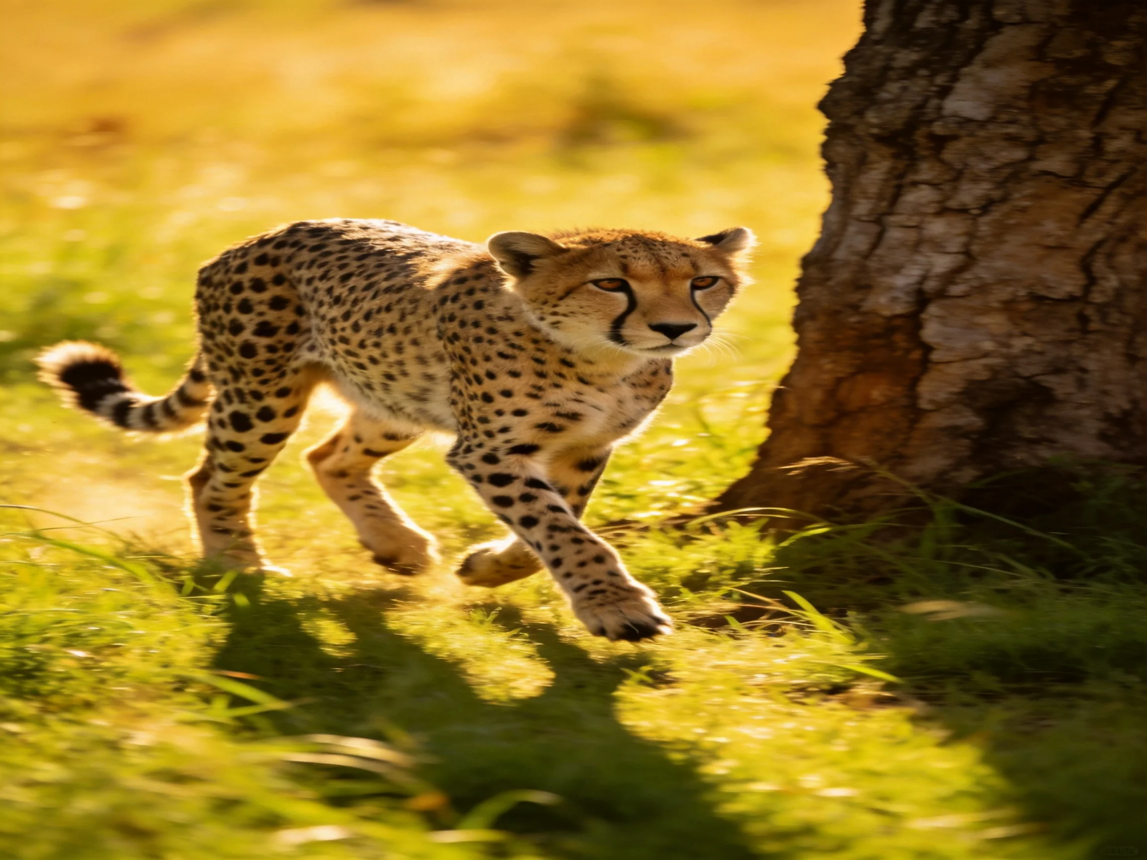 A cheetah cub moves through sunlit grass beside a large tree.