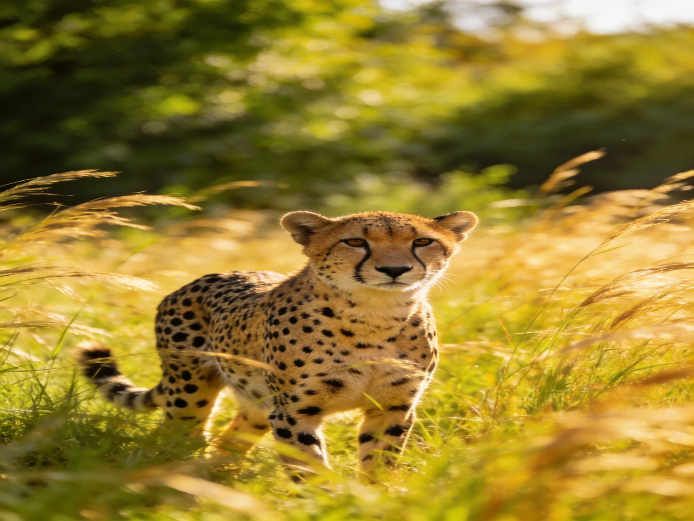 A young cheetah cub stands among tall grass in a sunlit natural setting.
