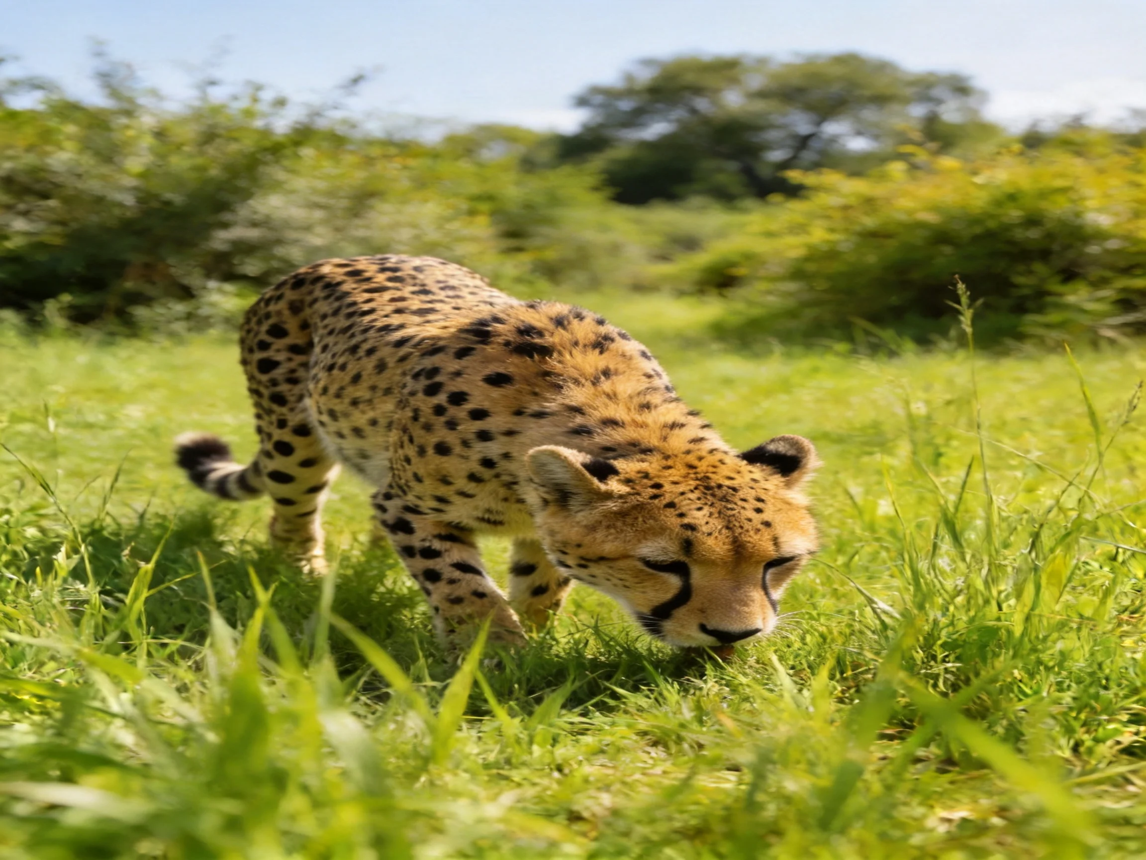 A young cheetah sniffs the grass in a sunny savannah environment.