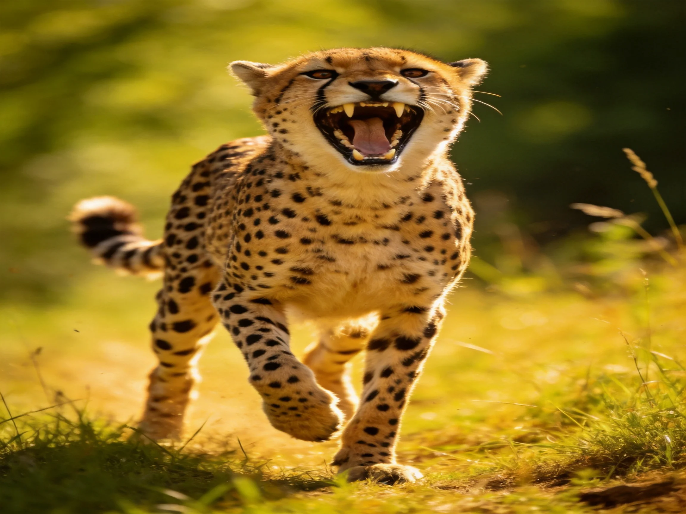 A young cheetah roars with open mouth in sunlit grassland