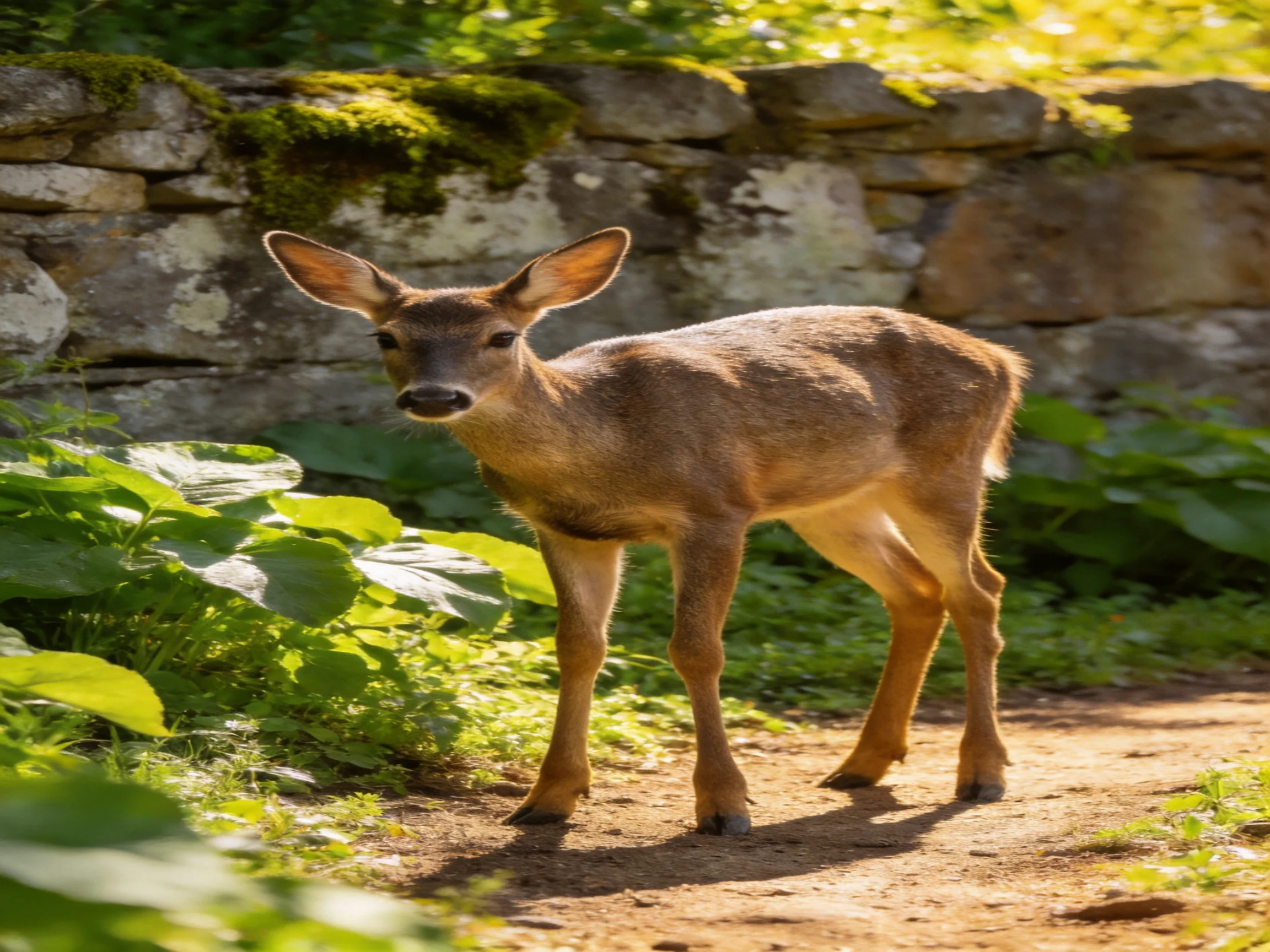 A young deer stands on a dirt path beside a stone wall and green foliage.