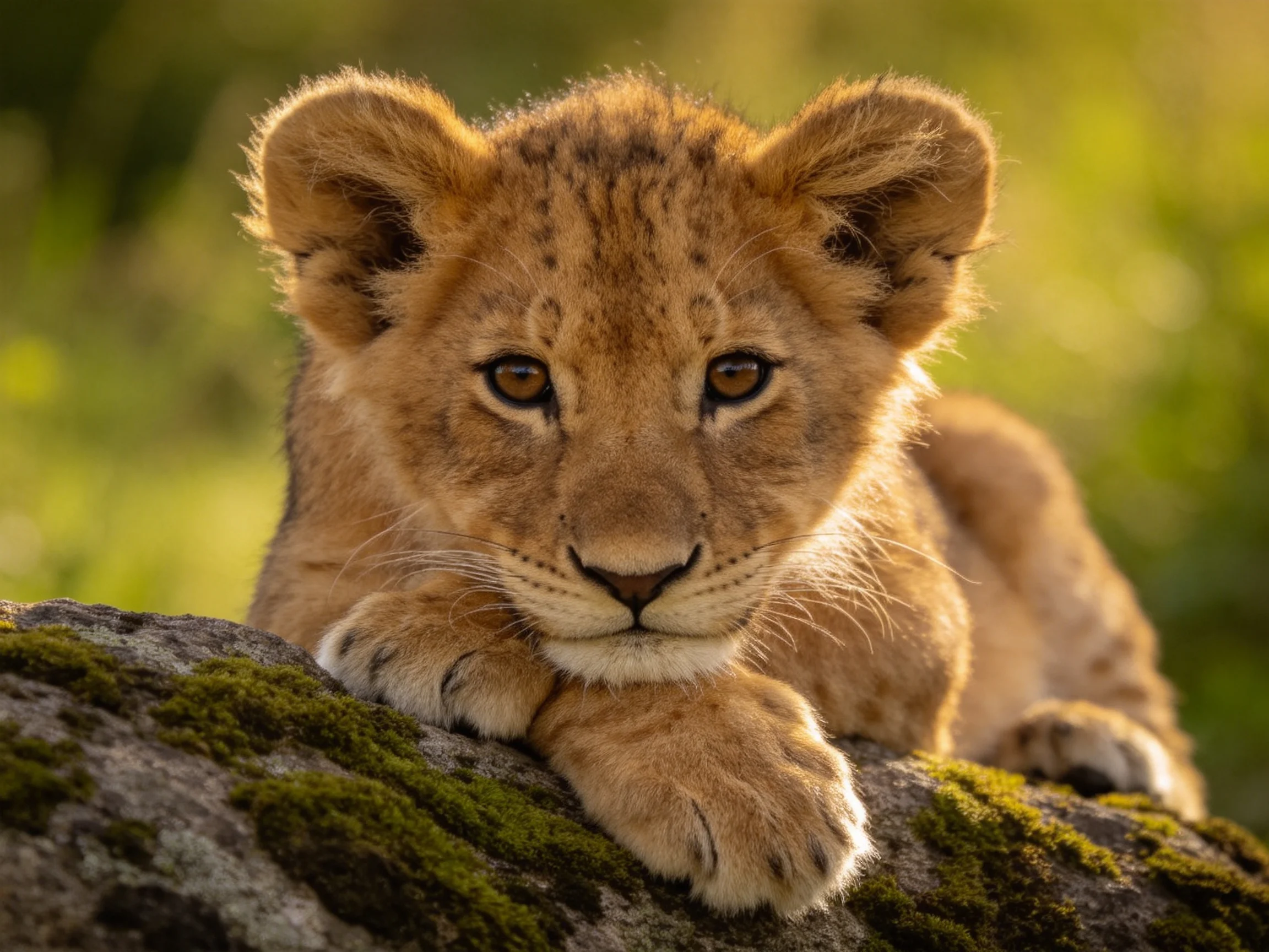 A young golden lion cub rests on a mossy rock outdoors.
