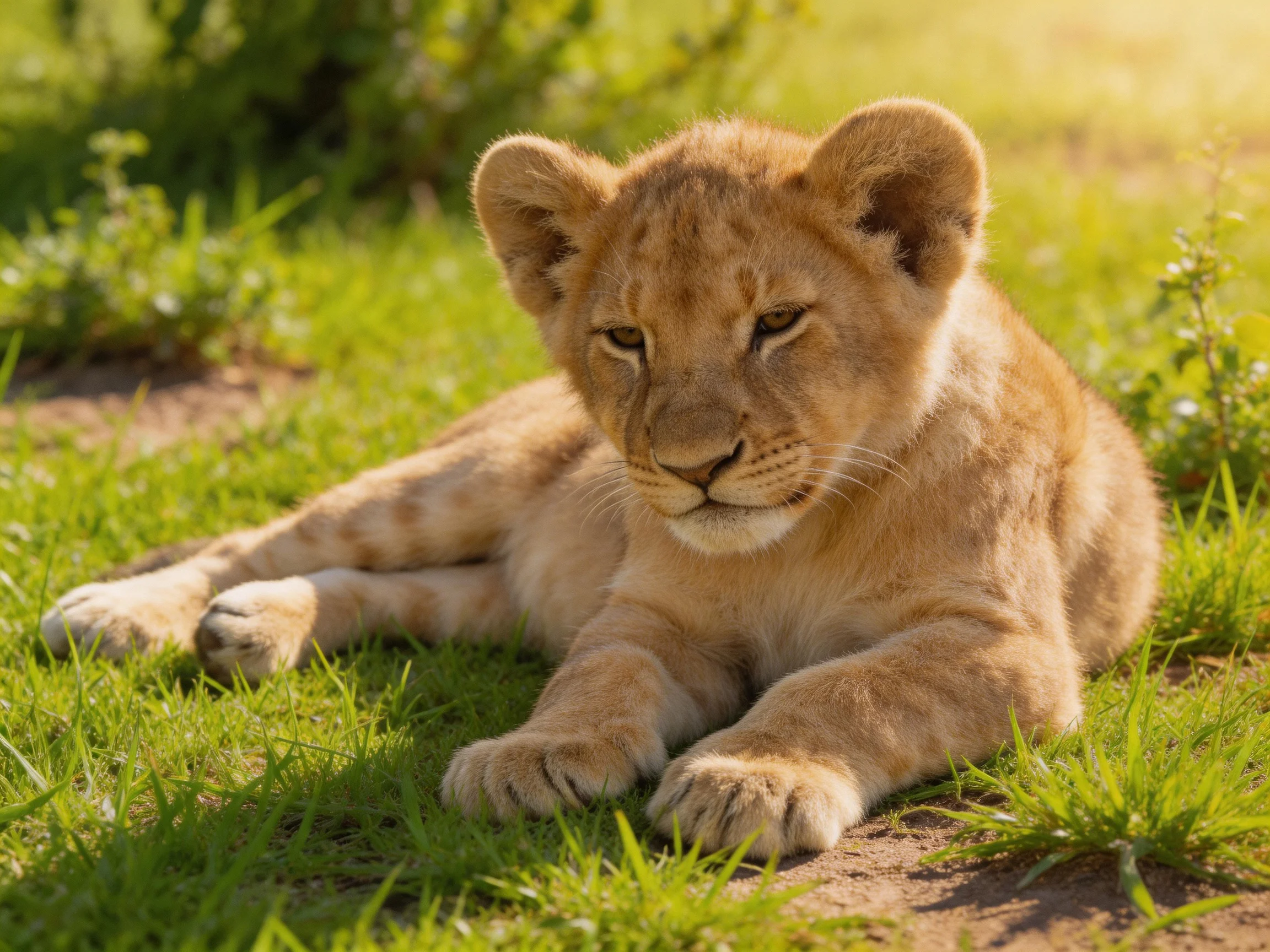 A young lion cub lies calmly on green grass in sunlight.