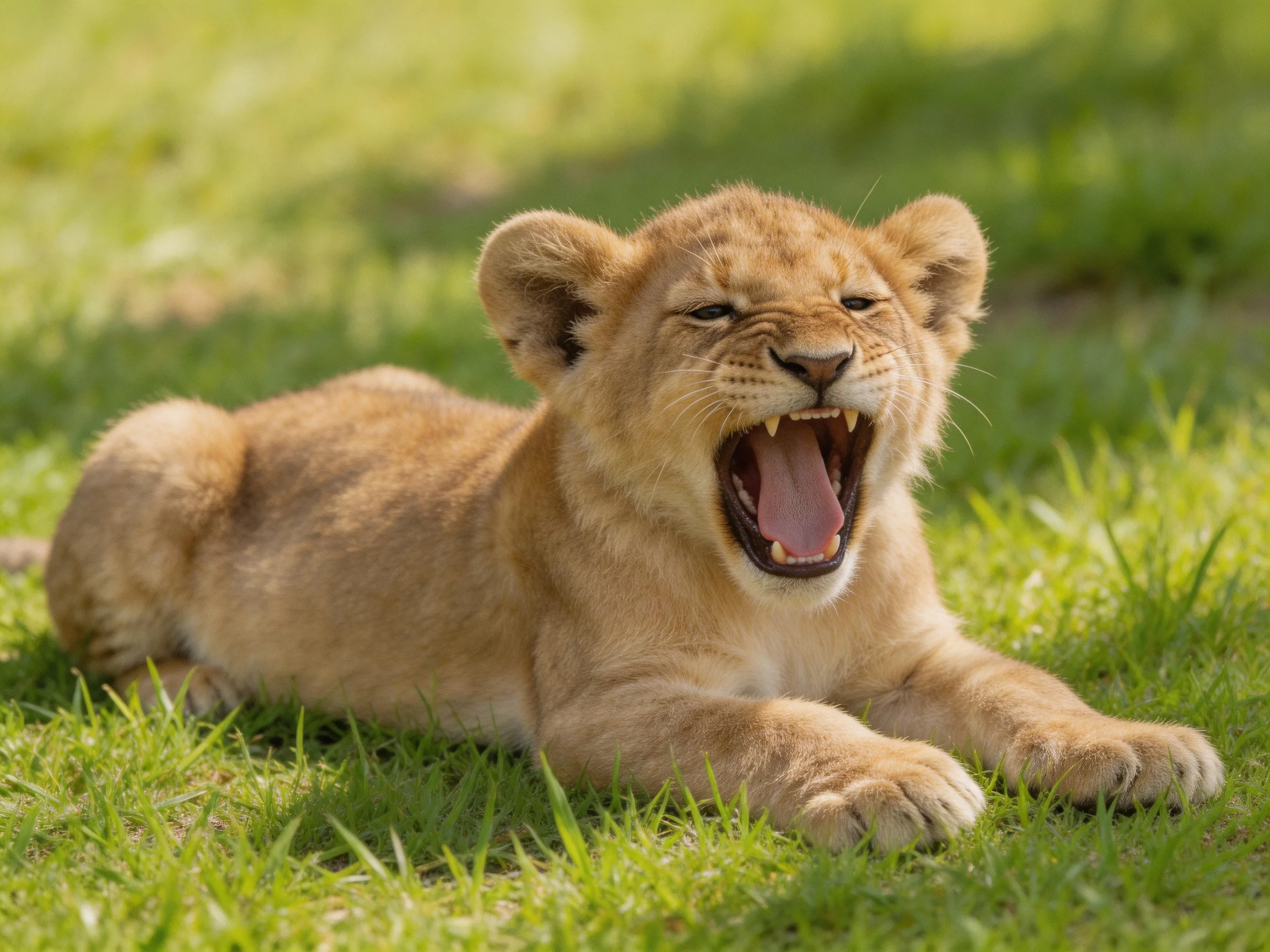 A young lion cub yawns while resting on green grass.