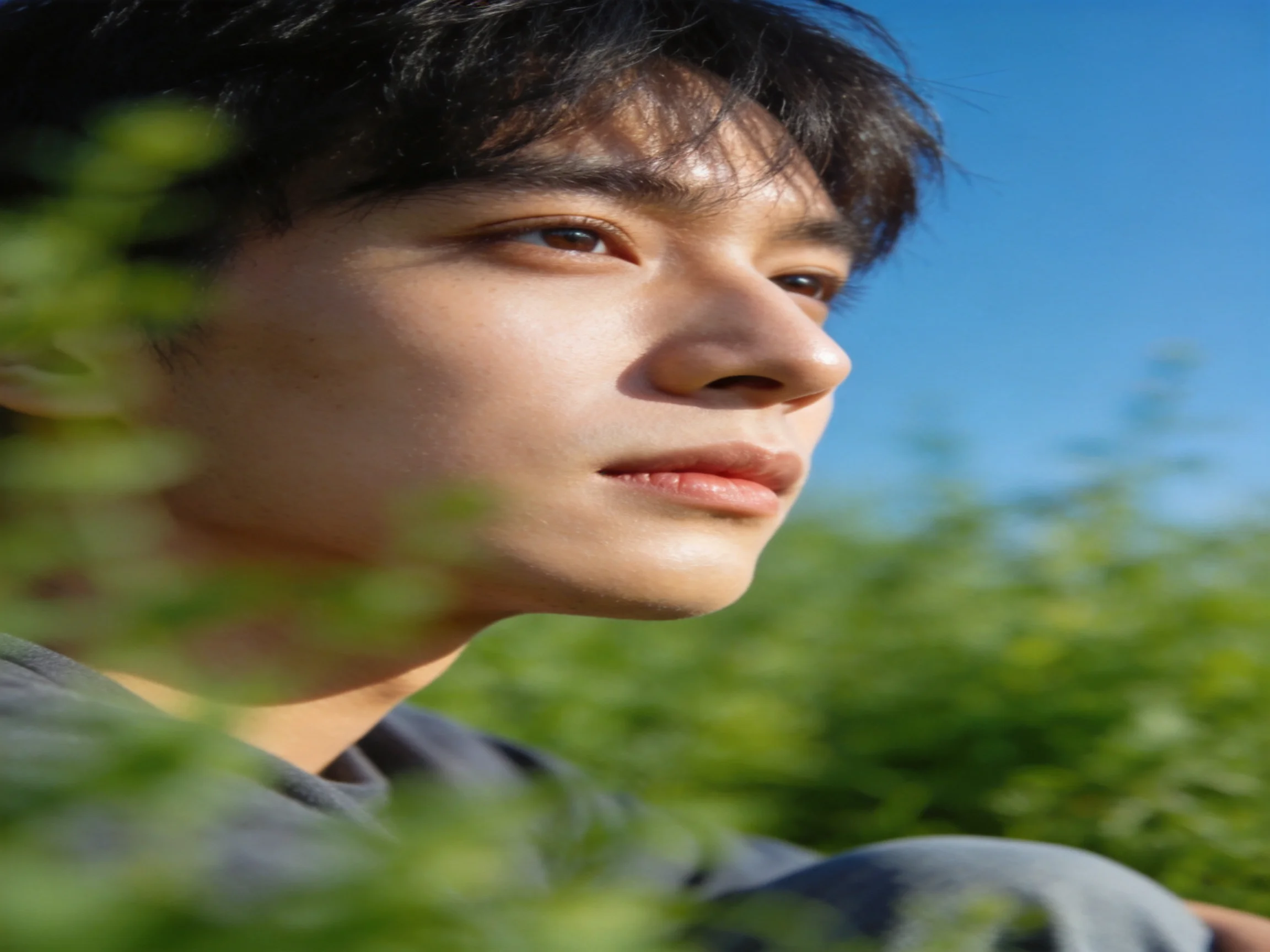A person in casual clothing sits amid greenery with a clear blue sky in the background.