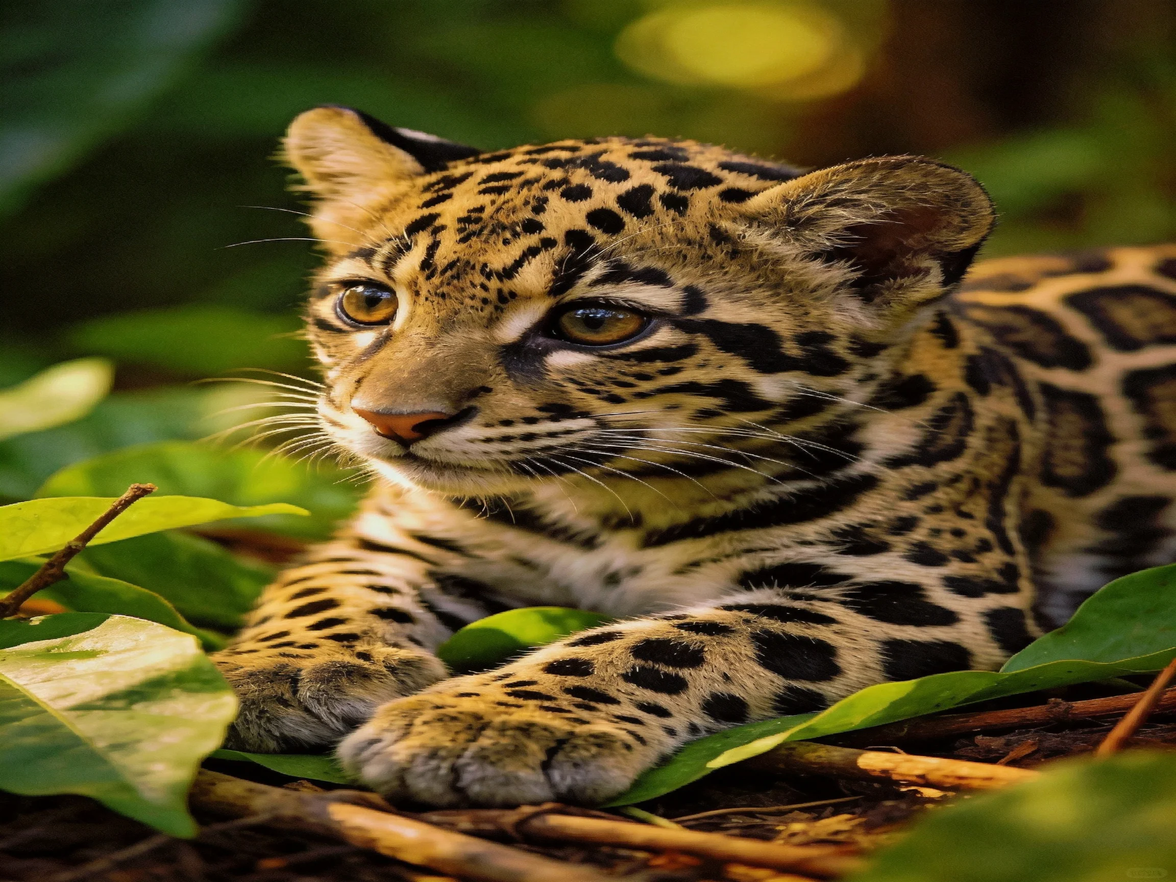 A young jaguar cub with spotted fur rests among green leaves