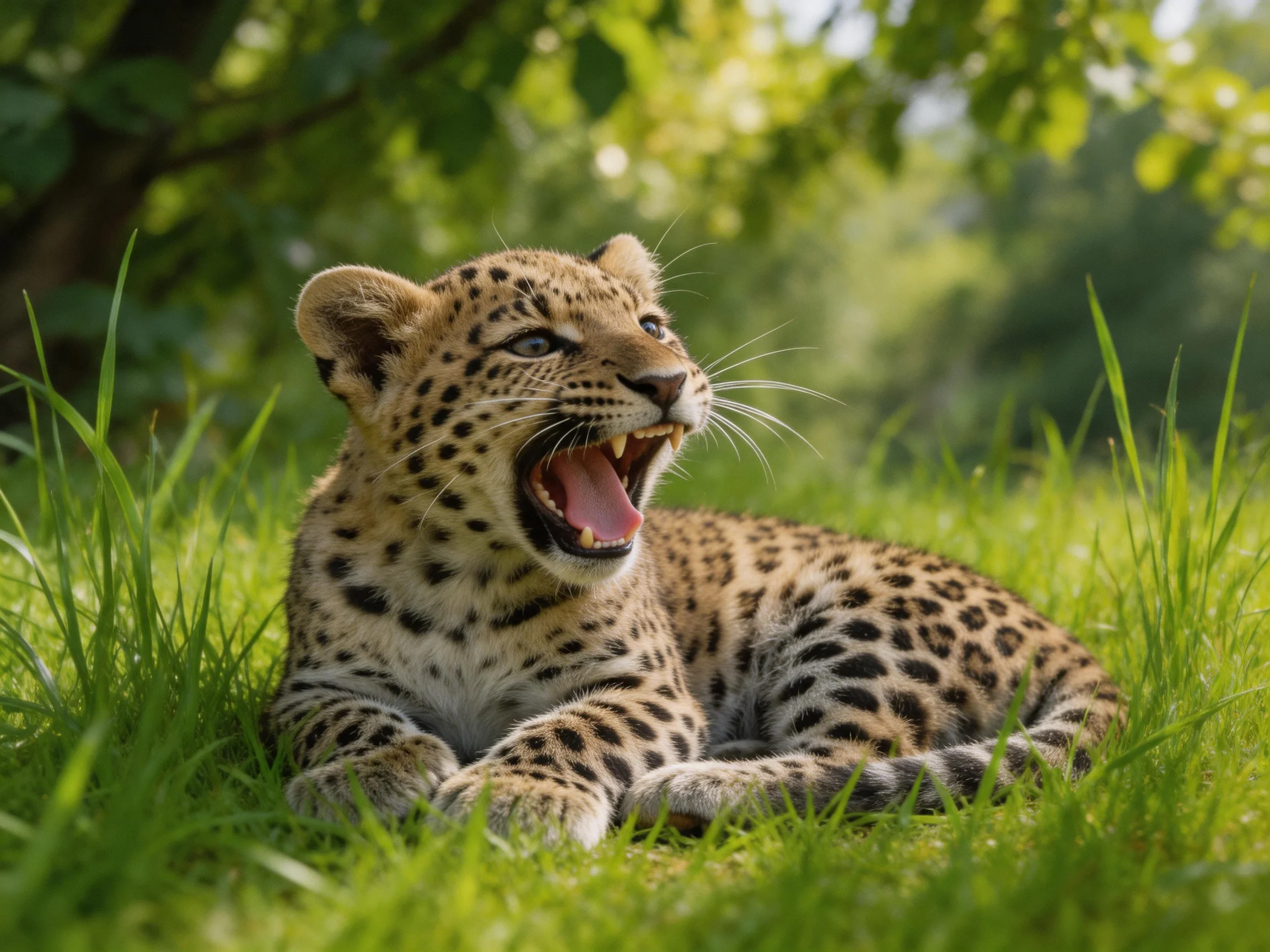A young leopard cub rests in tall green grass during daylight.