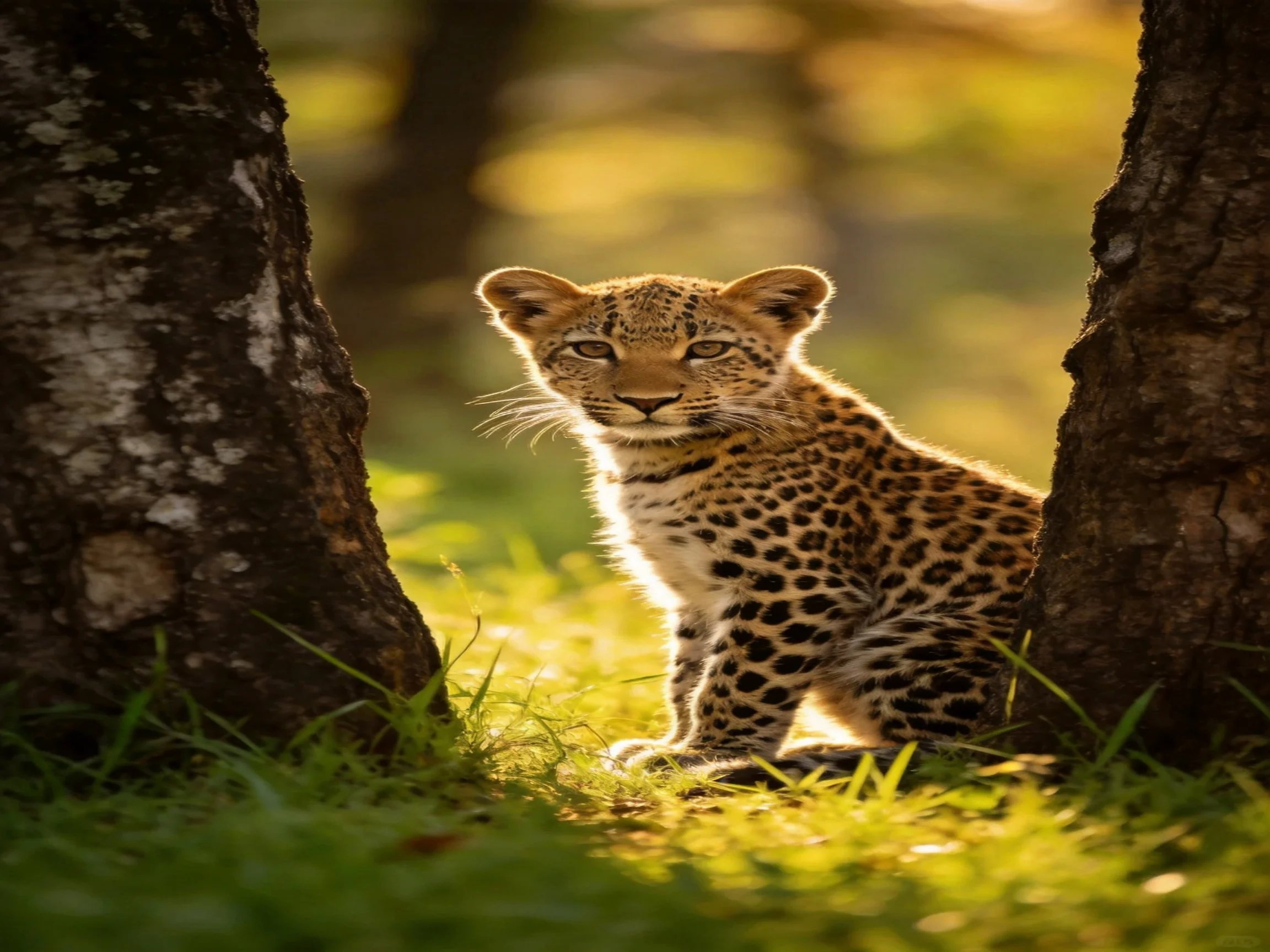 A young leopard cub rests near two tree trunks in a sunlit forest setting.