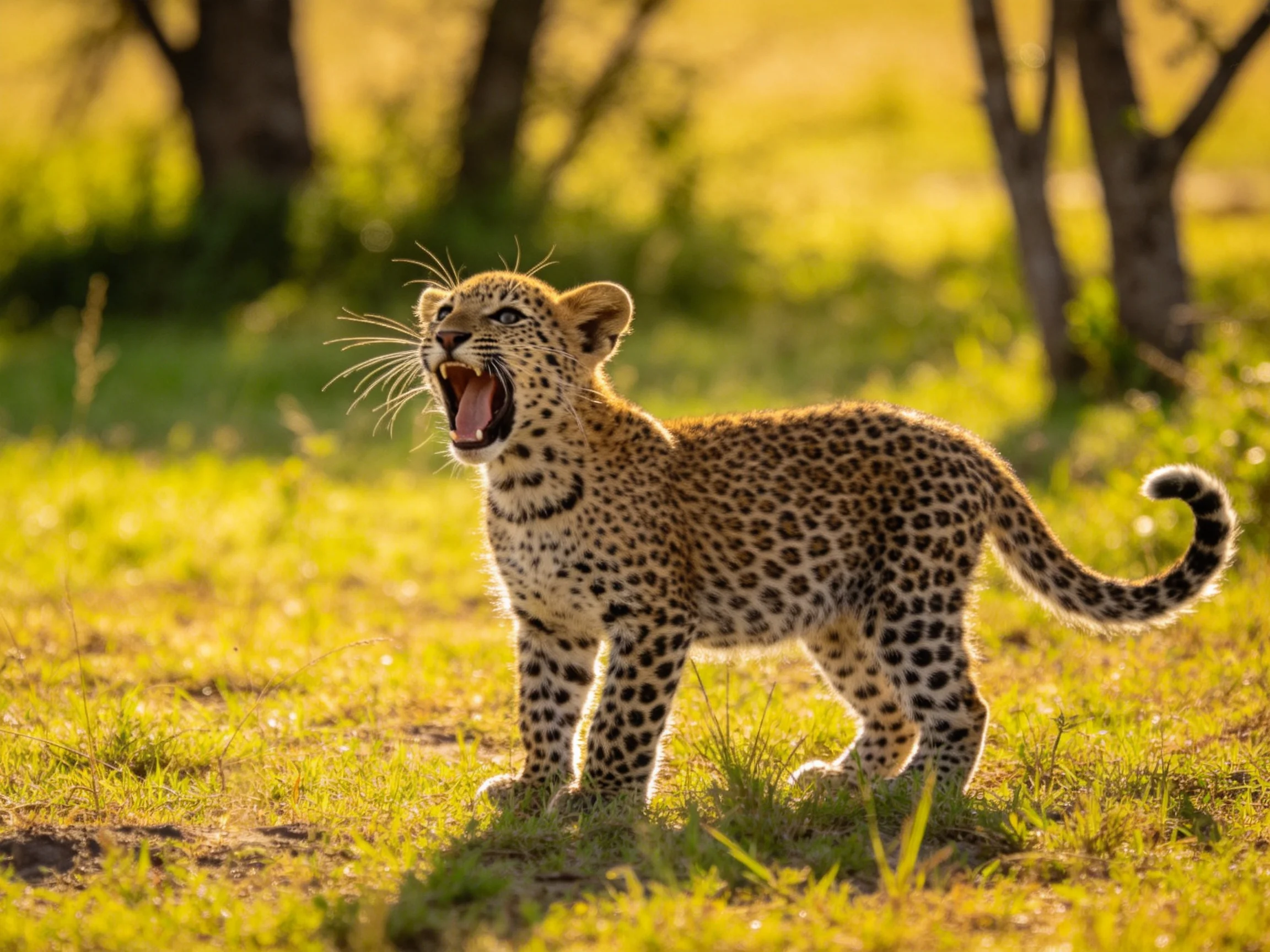 A young leopard cub yawns while standing on sunlit grass near trees.