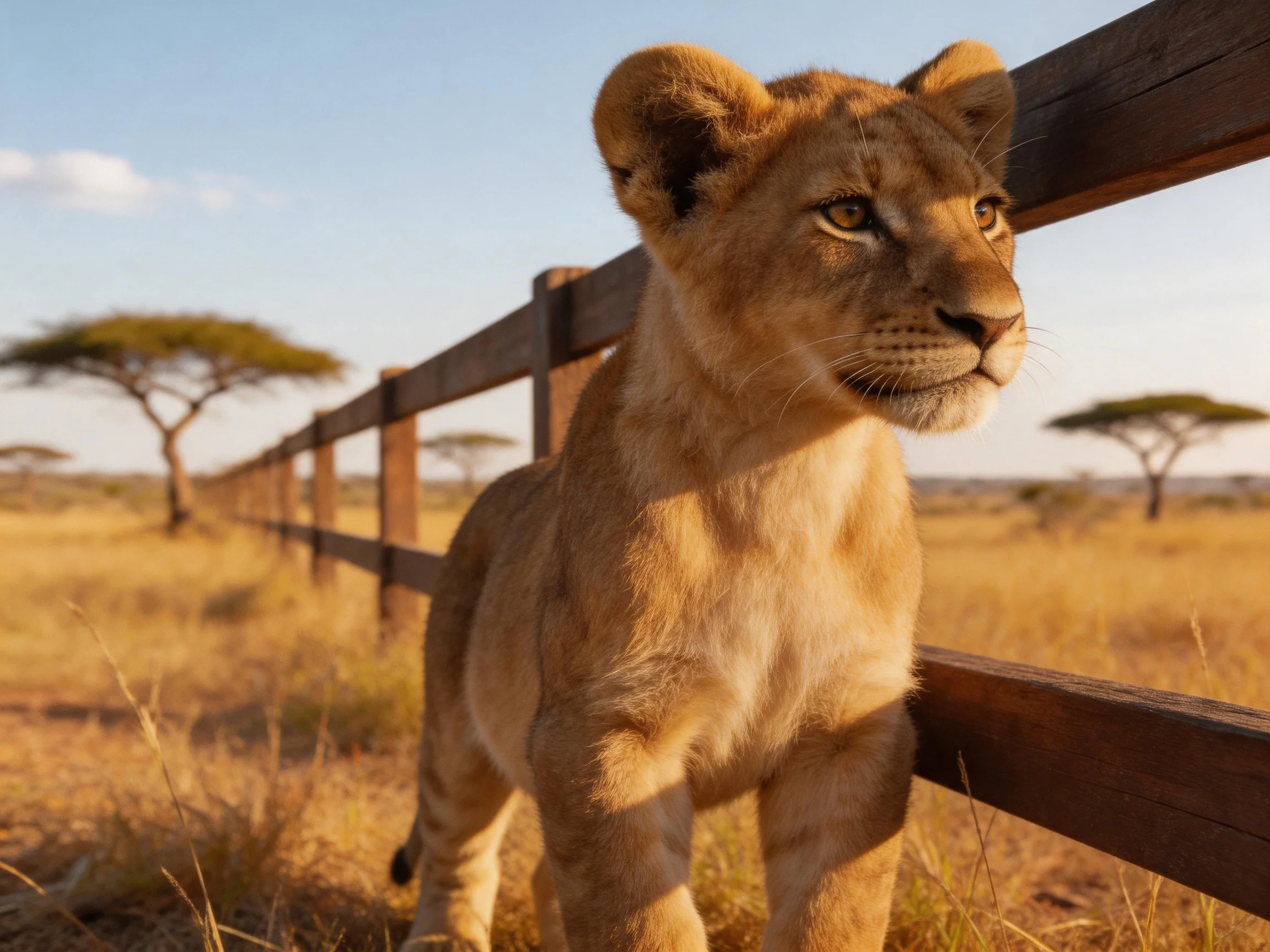 A young lion cub stands next to a wooden fence in an open savannah.