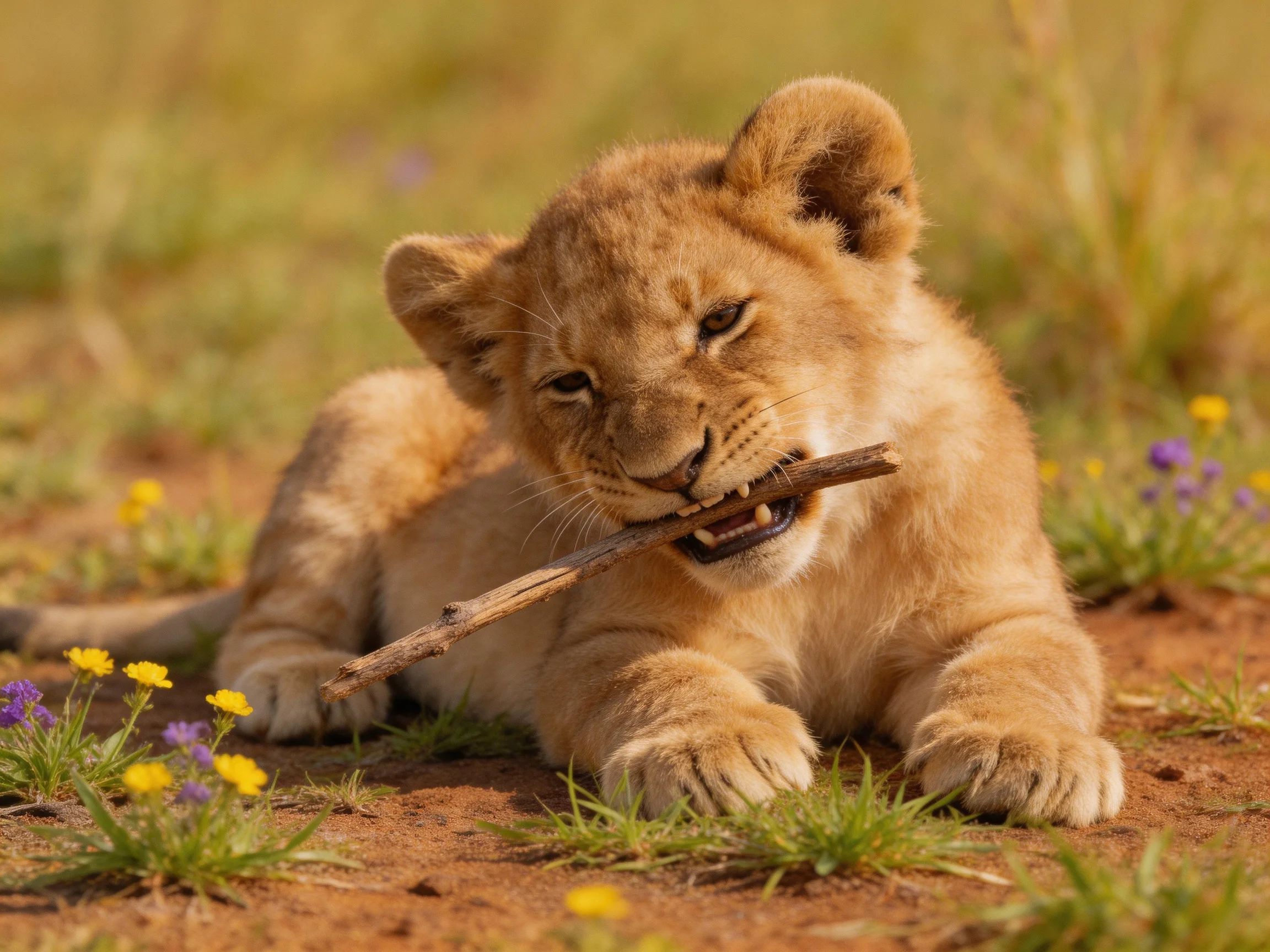 A young lion cub chews a stick amid colorful wildflowers