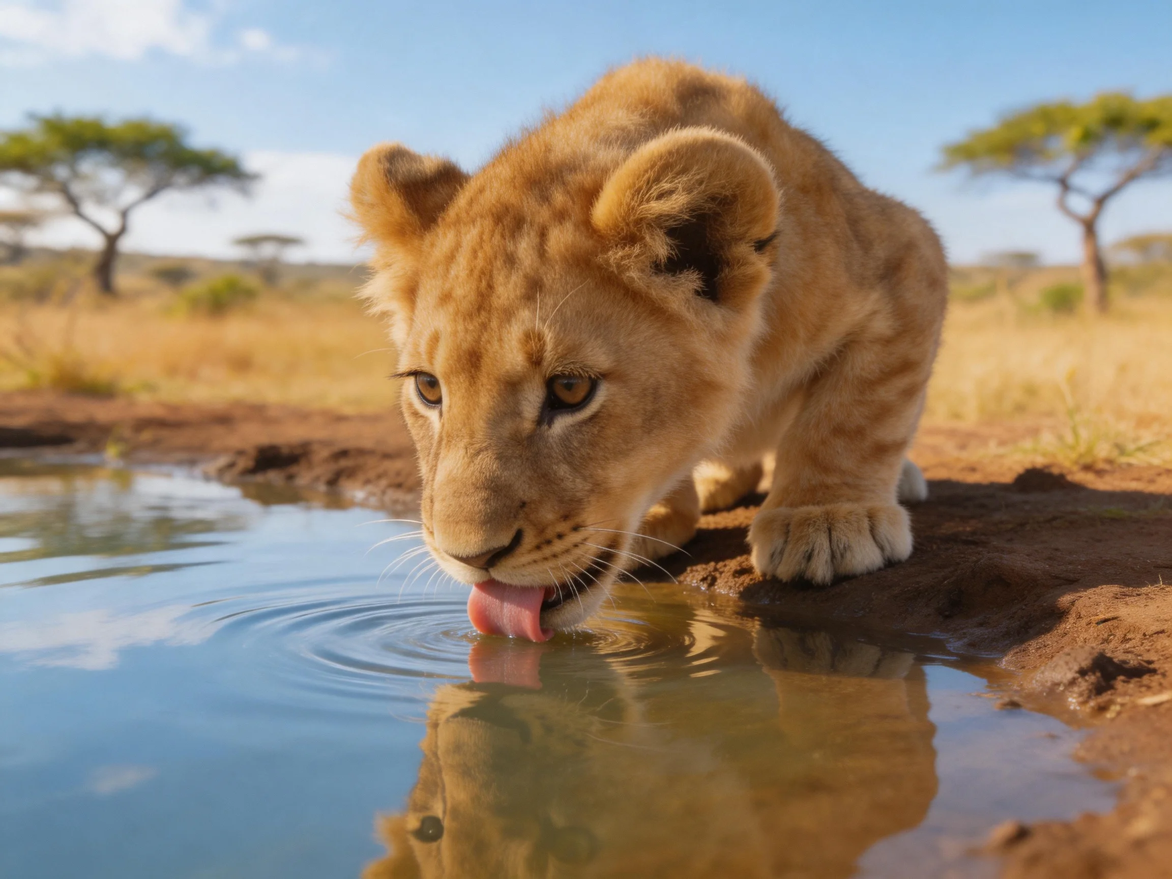 A young lion cub drinks water at a savannah watering hole