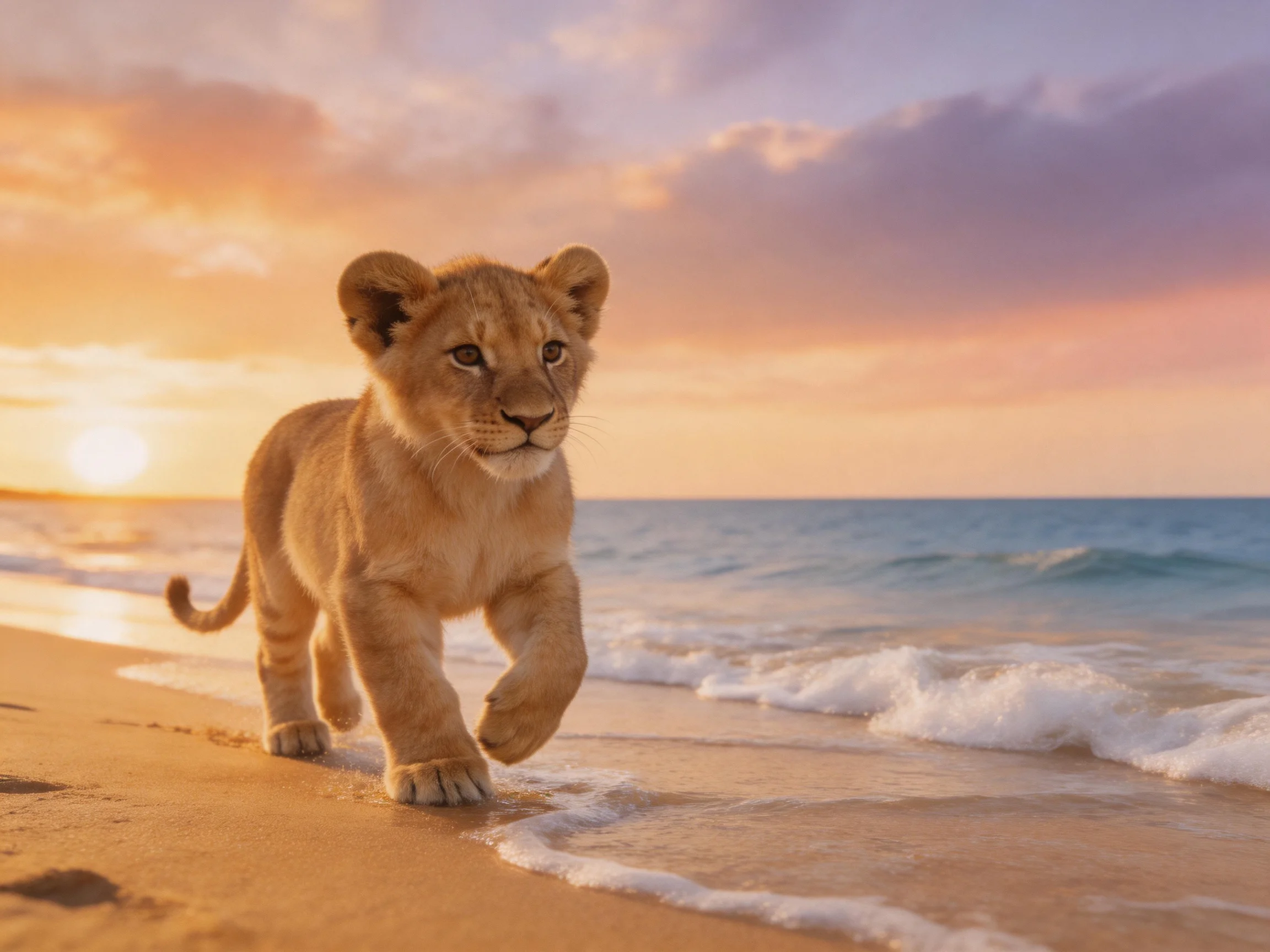 A young lion cub walks along a sandy beach during sunset.