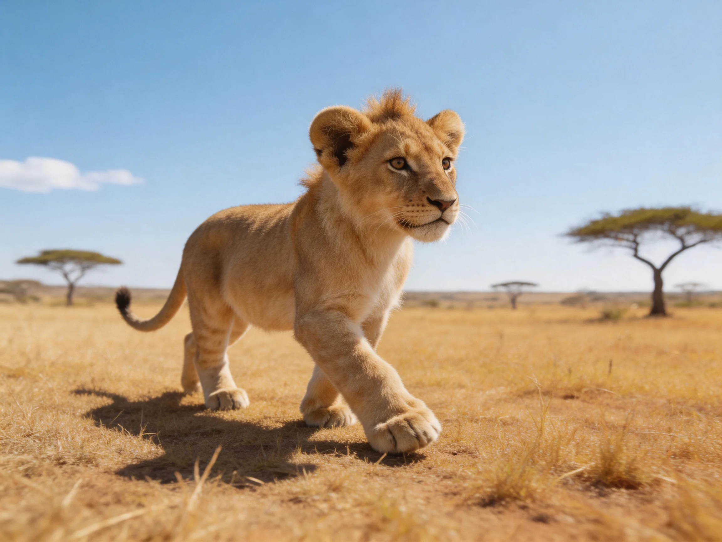 A young lion cub roams the golden savannah landscape.