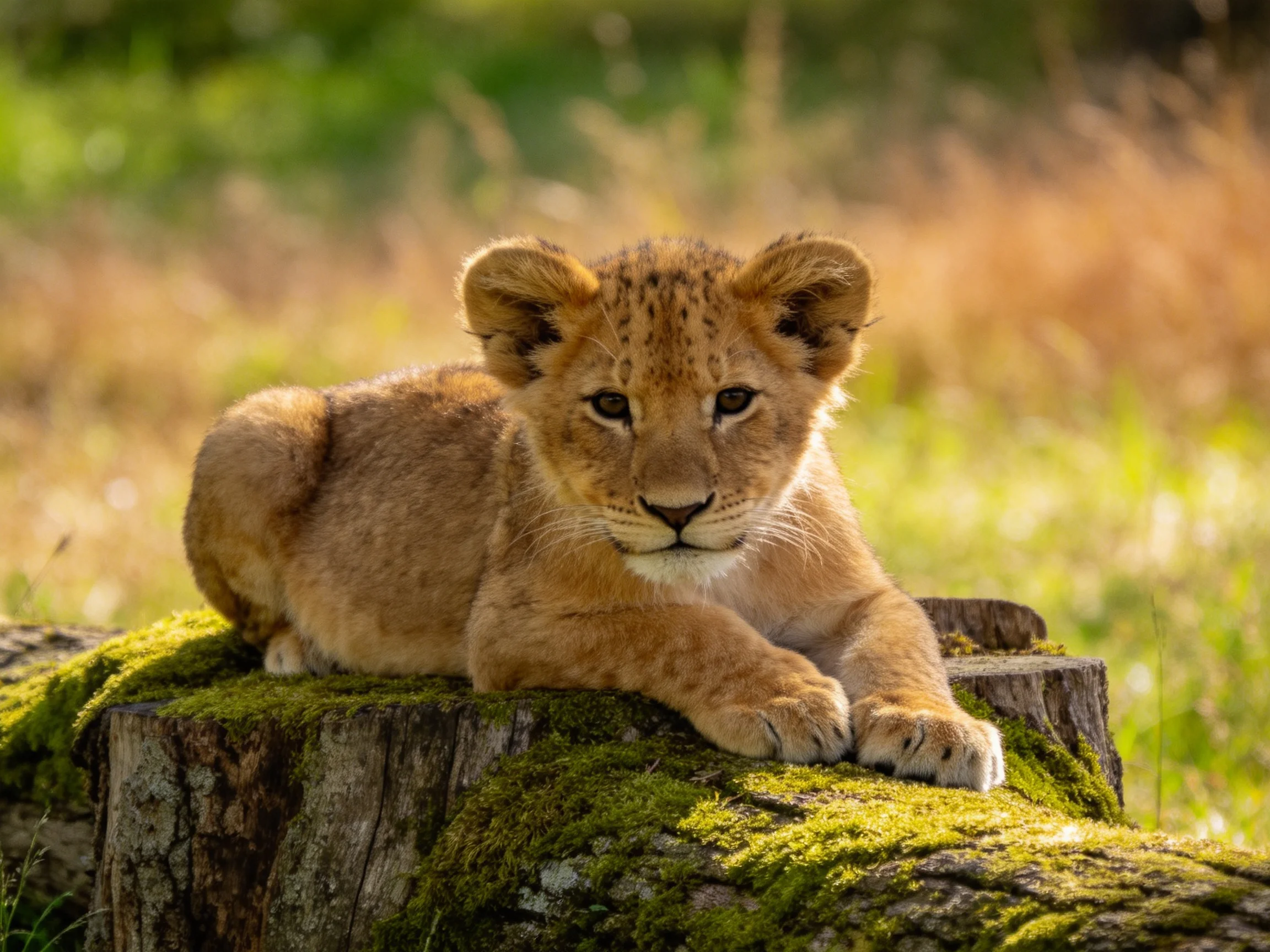 A young lion cub lounges on a moss-draped tree stump amid golden sunlight