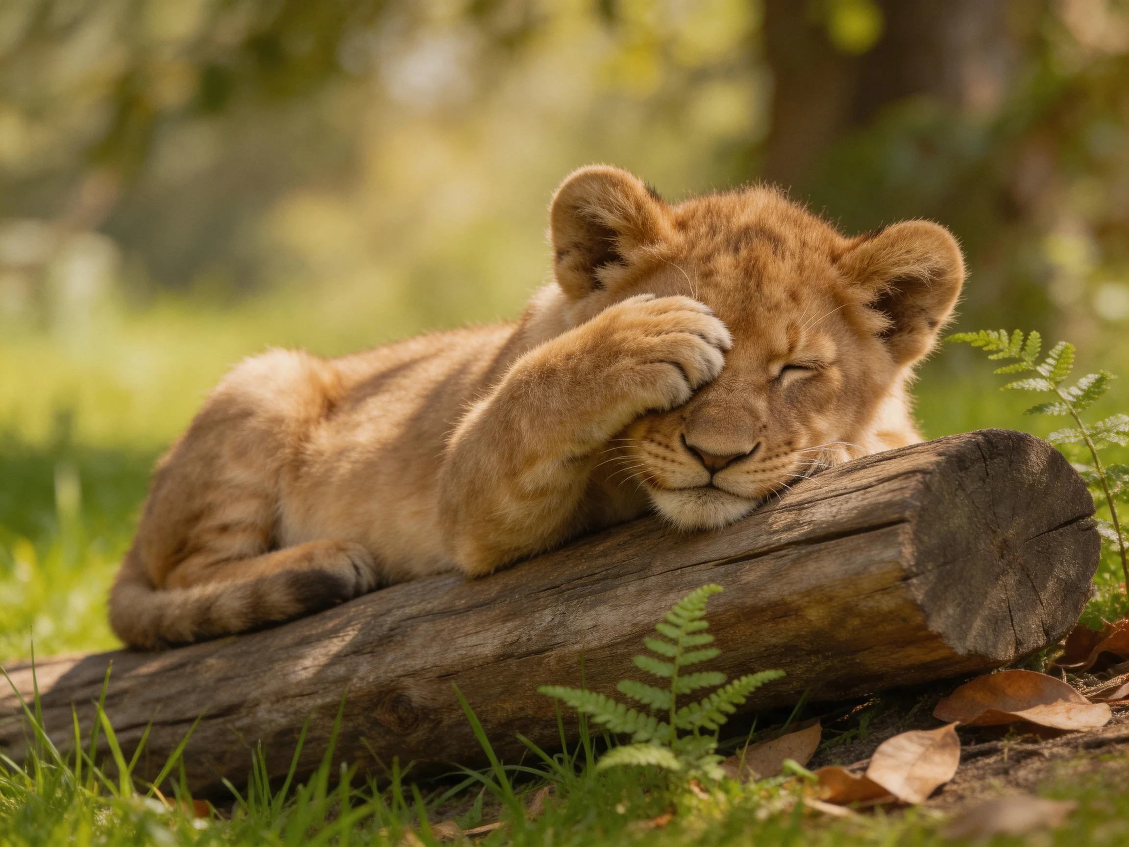 A young lion cub napping on a weathered wooden log surrounded by ferns