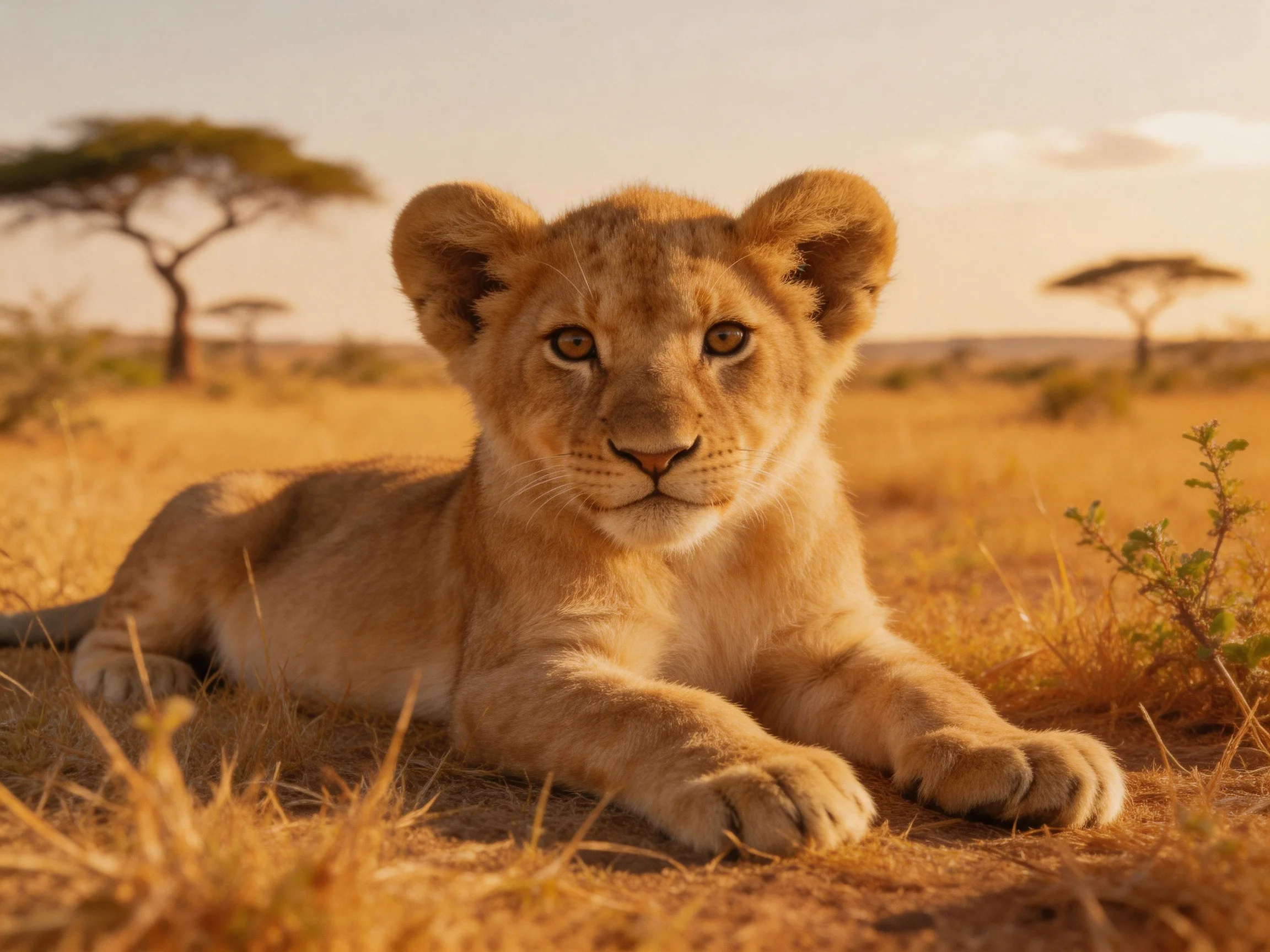 A young lion cub rests calmly amid dry grass and distant acacia trees in a sunlit savannah.