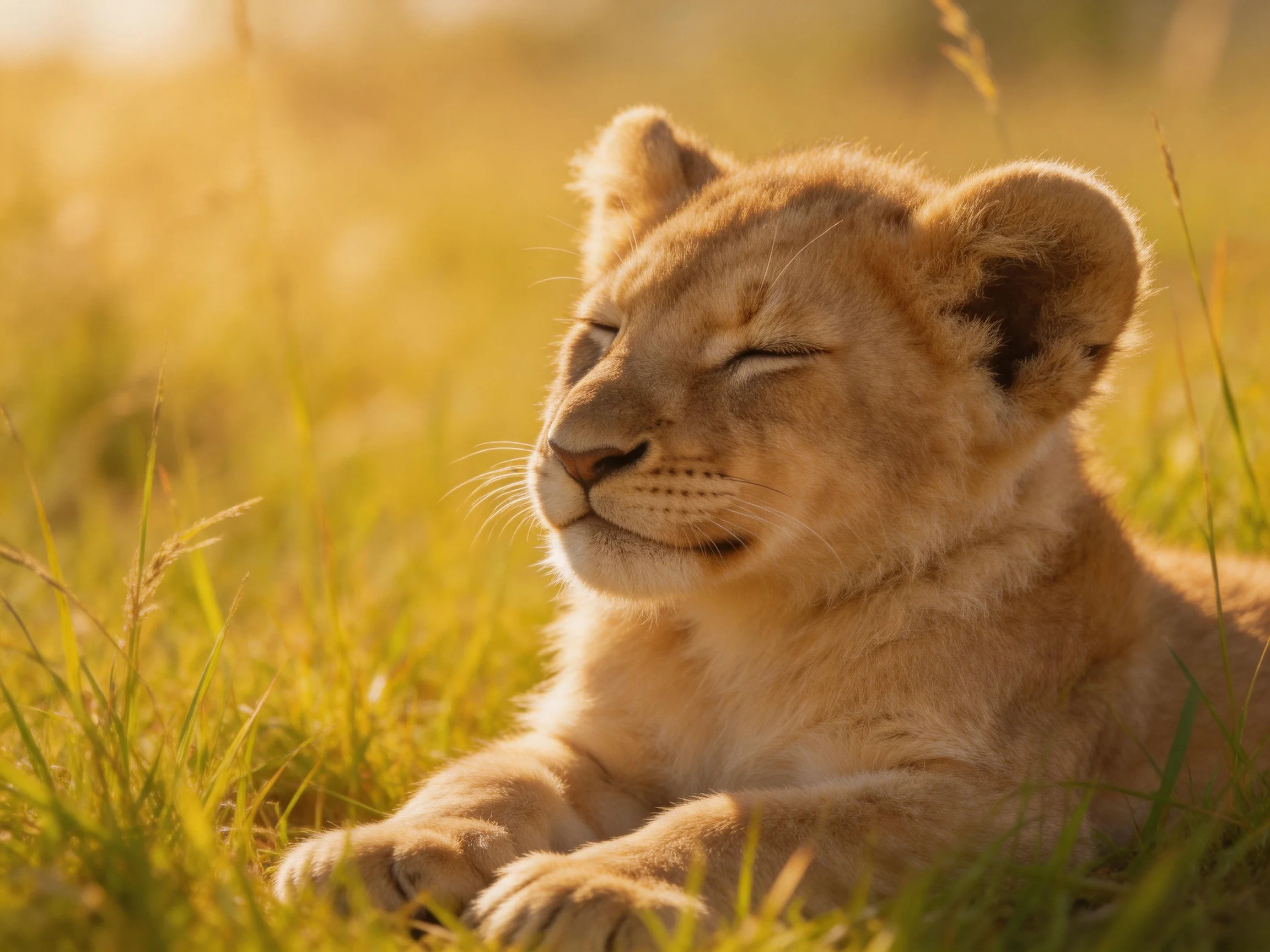 A young lion cub relaxes on golden savannah grass bathed in bright sunlight.
