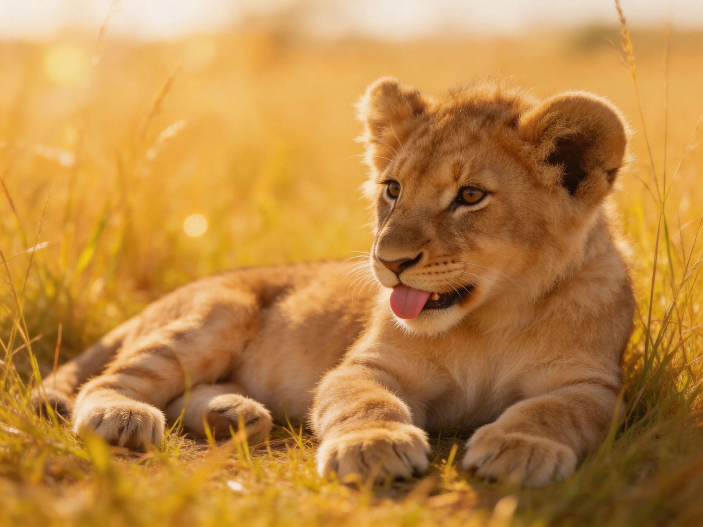 A young lion cub rests amid golden grasses under bright sunlight.