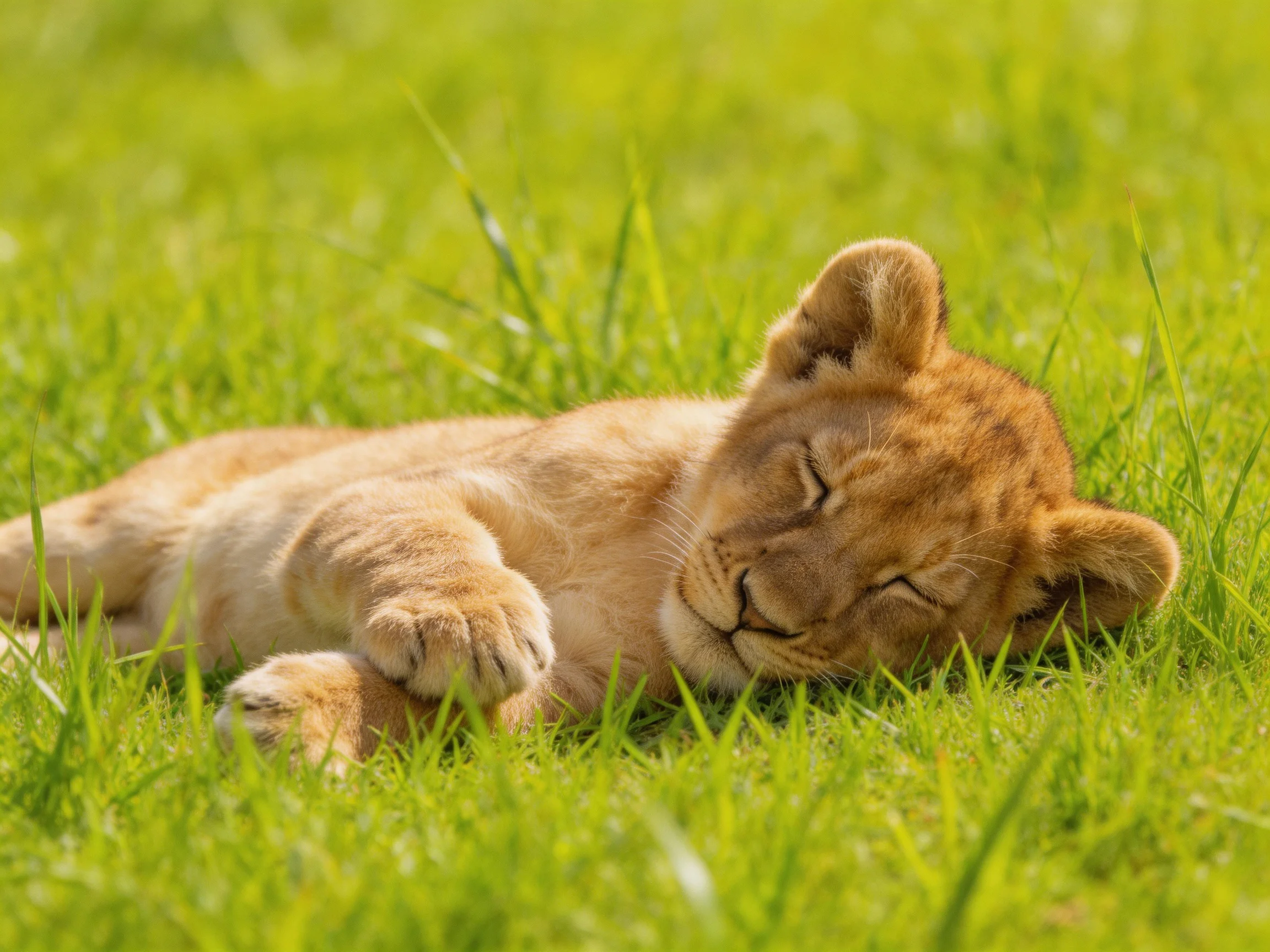 A young lion cub sleeps peacefully on a bed of green grass.
