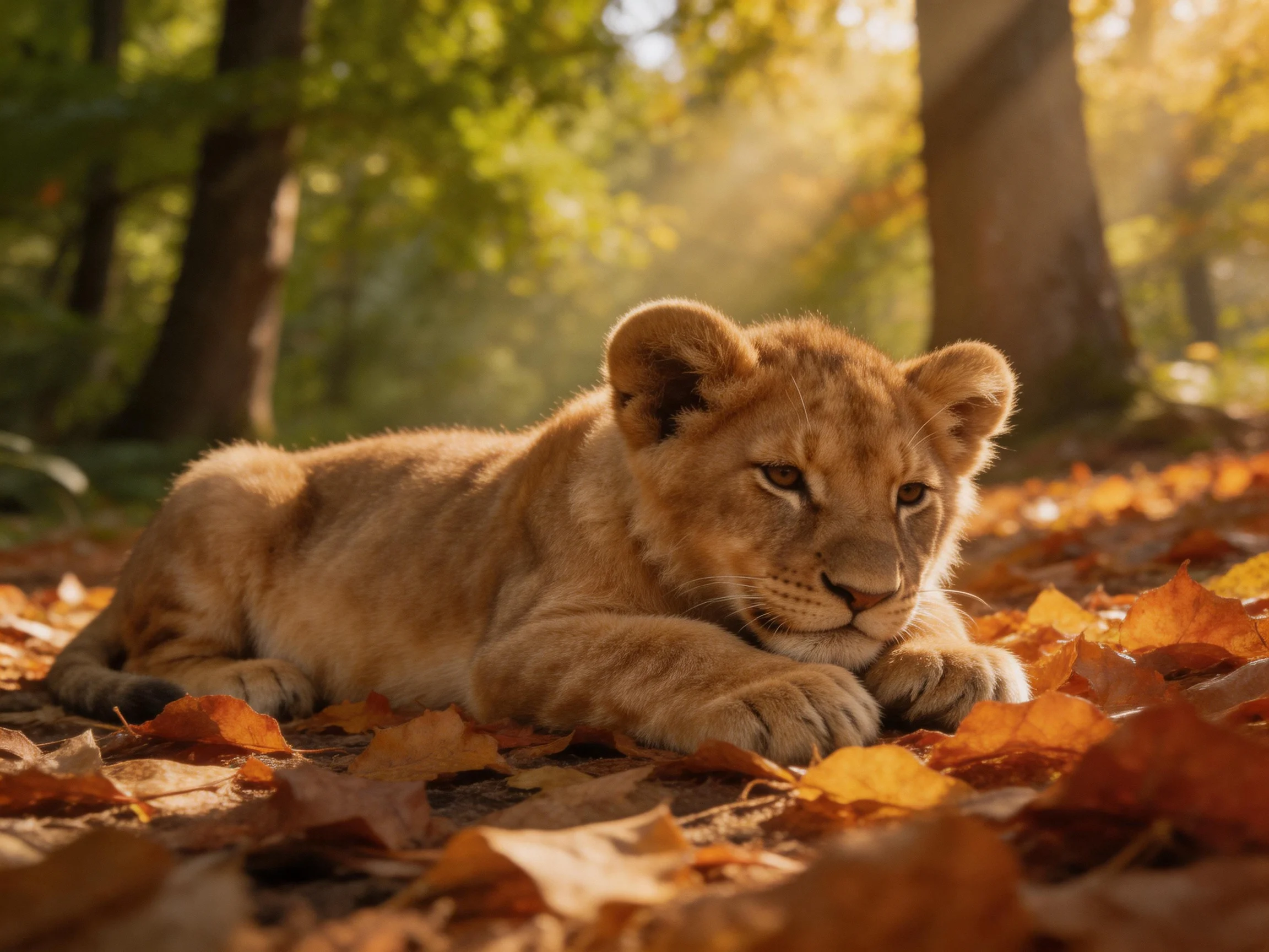 A young lion cub lies among fallen autumn leaves in a sunlit forest.
