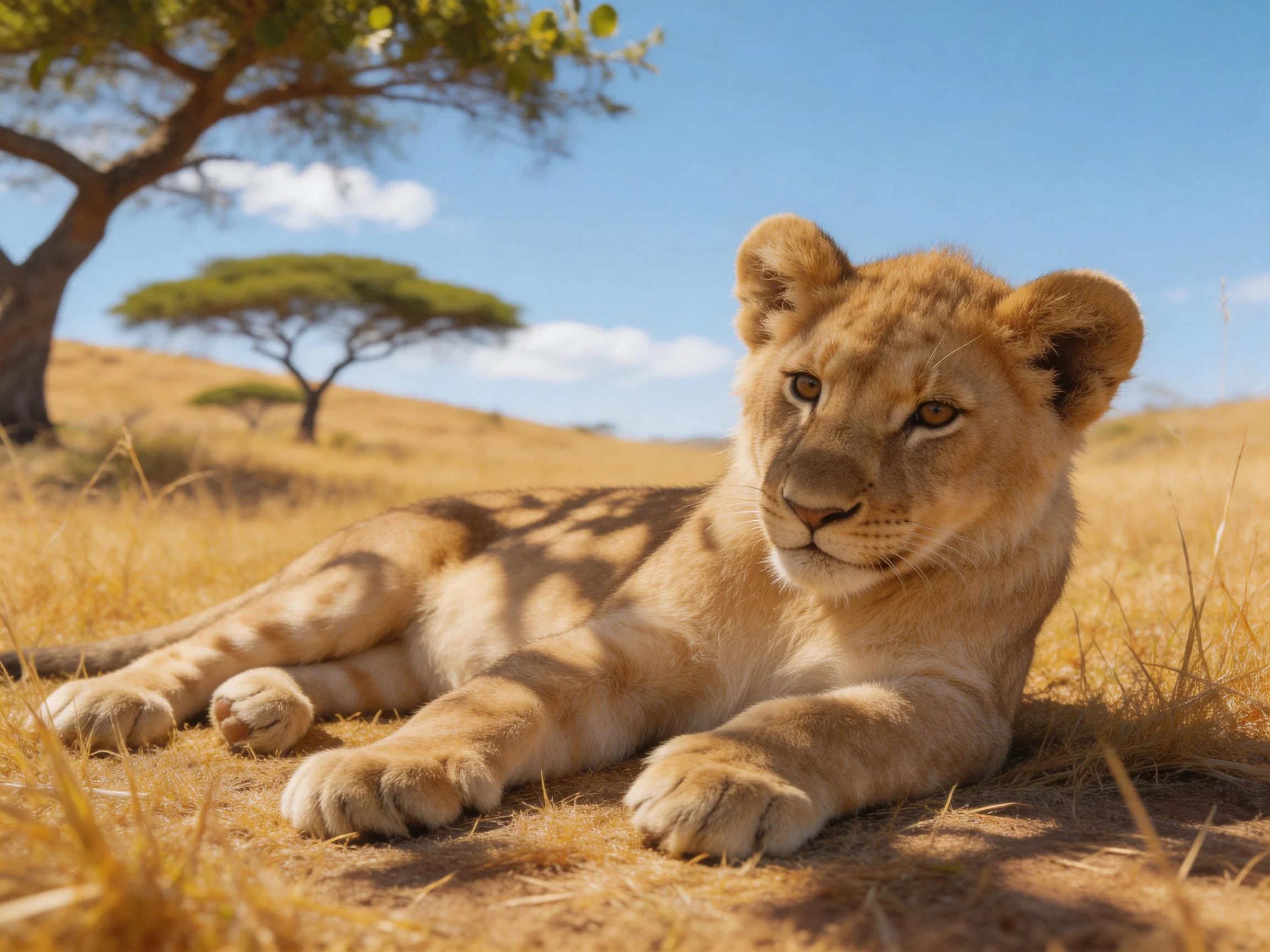 A young lion cub lies relaxed among golden savannah grass under a clear sky.