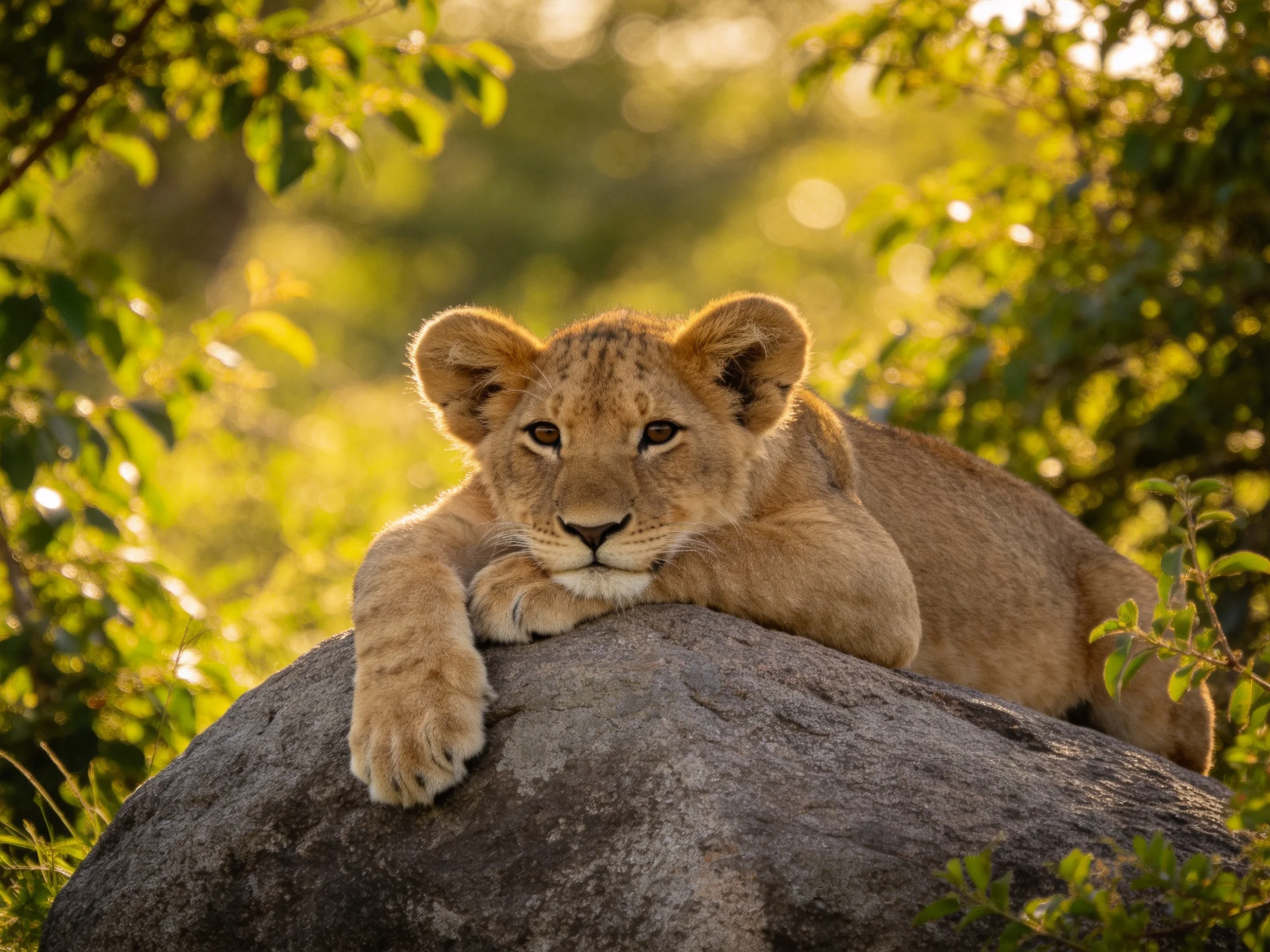 A young lion cub relaxes atop a large rock surrounded by dense greenery.